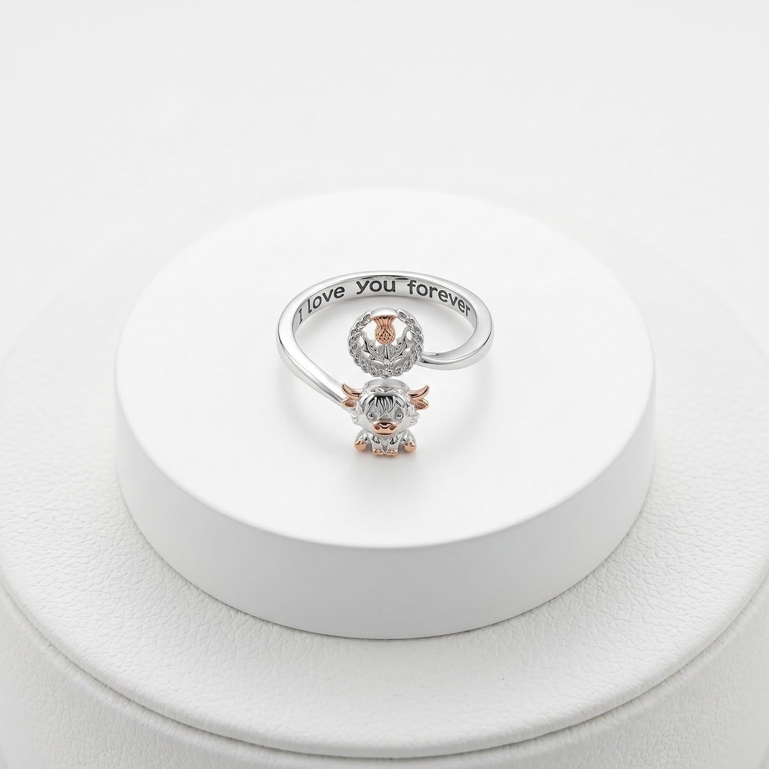 Highland Cow Ring for Women Cute Cow Adjustable Open Rings with Scottish thistle Highland Cow Jewelry Gifts for Family Friends