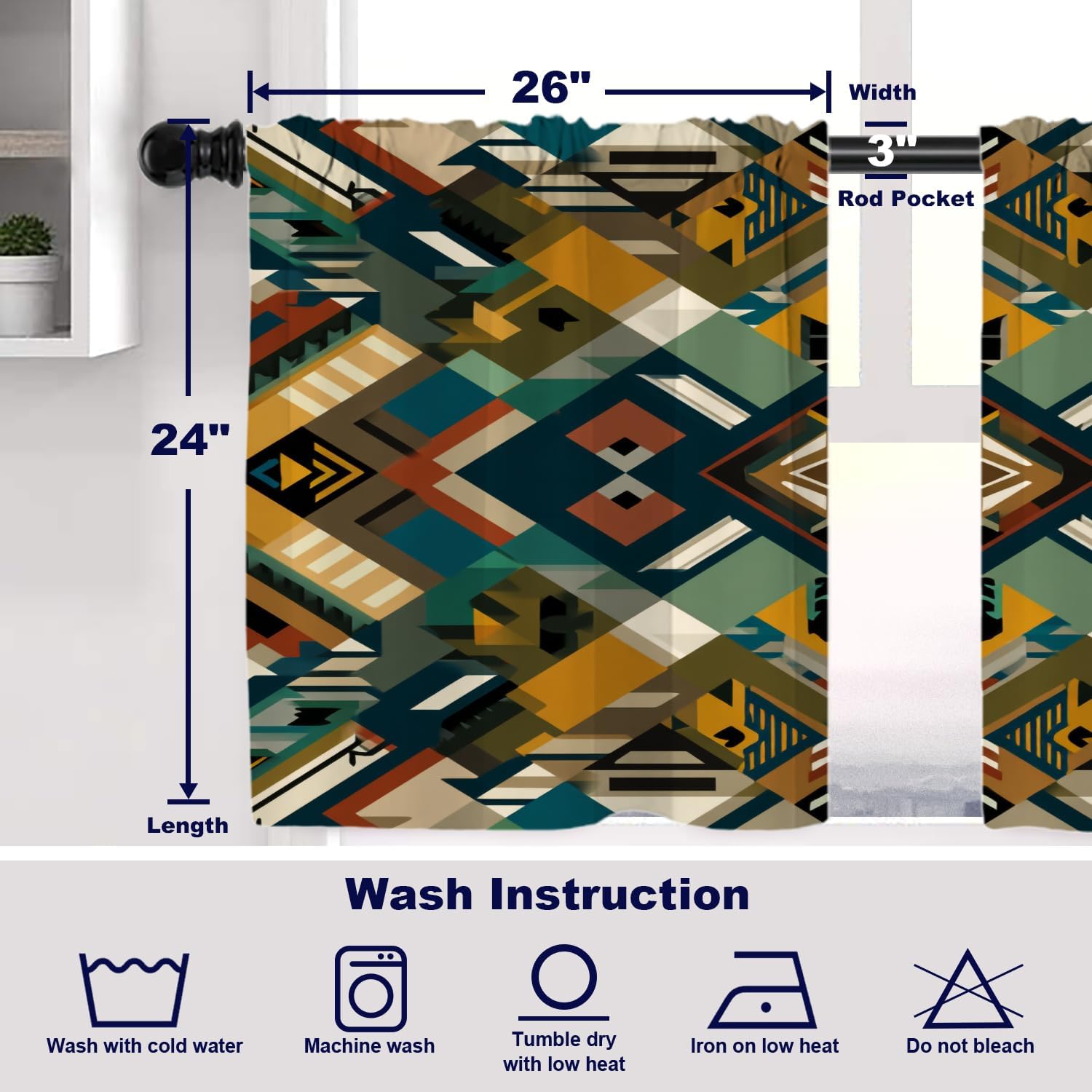 Batmerry Abstract Art Bold Tier Curtains, Earthy Angular Shapes Cafe Curtain Short Kitchen Drapes Small Valance for Bathroom, 2 Pack 26X24 Inches