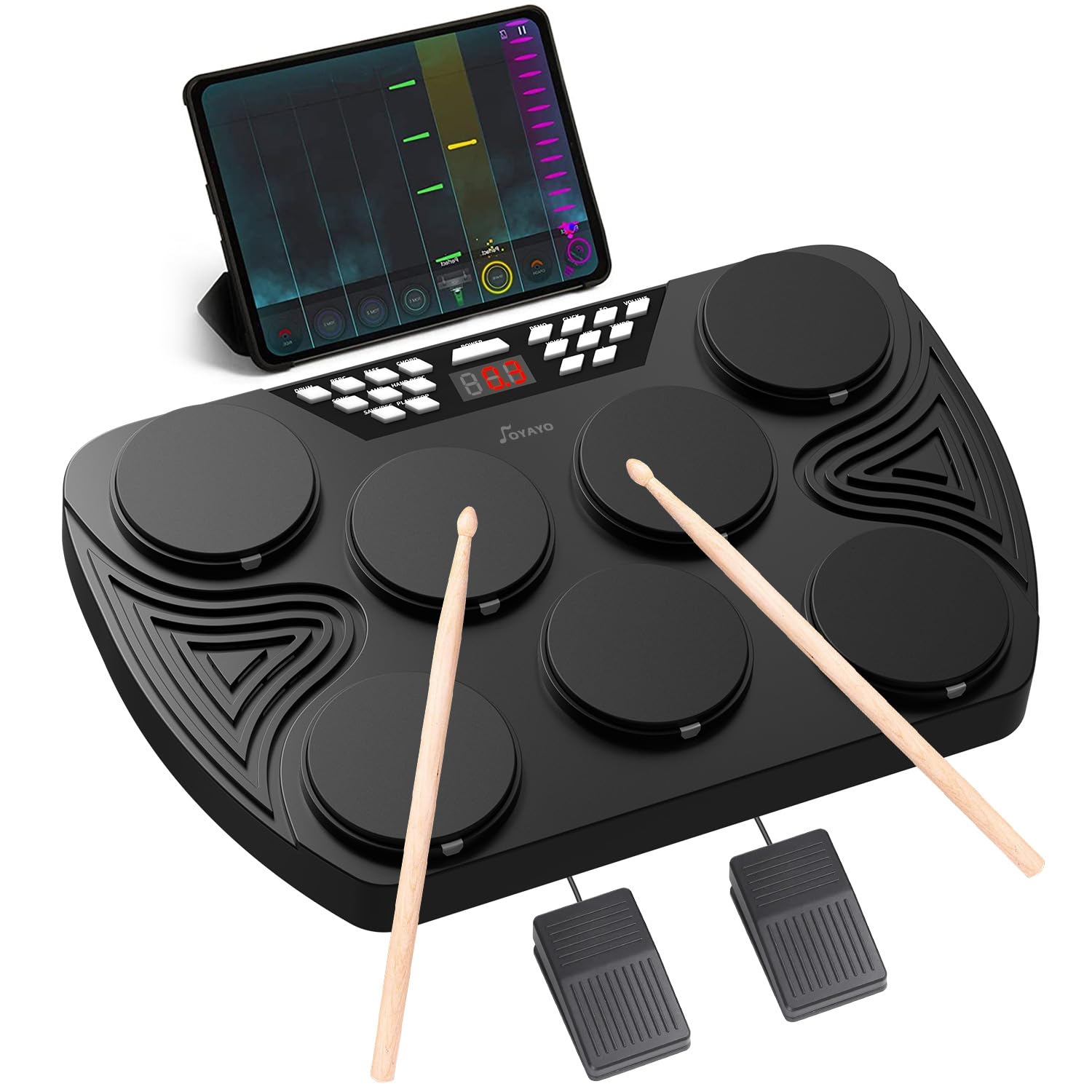 OYAYO Portable Electronic Battery, Compact Kit 7 Portable Drum Set with 7 Pads with Integrated Digital Panel, Supports PC Connection, Ideal Gift for Beginners