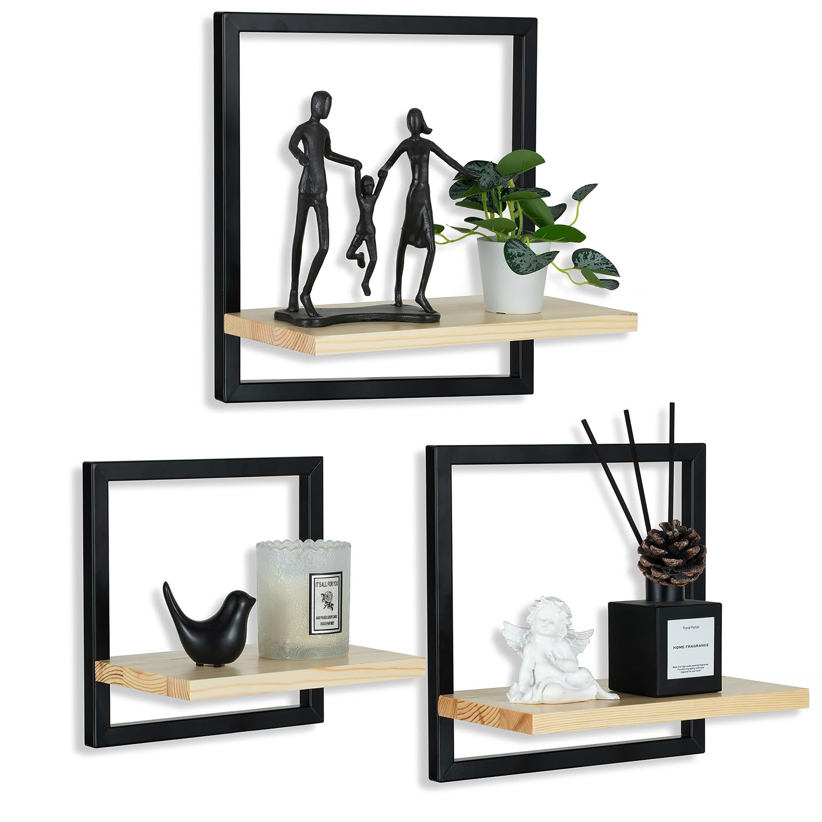 Mensola da parete nera in metallo per soggiorno: set da 3 ripiani quadrati da parete moderna, decorazione da parete, per camera da letto, bagno, angolo