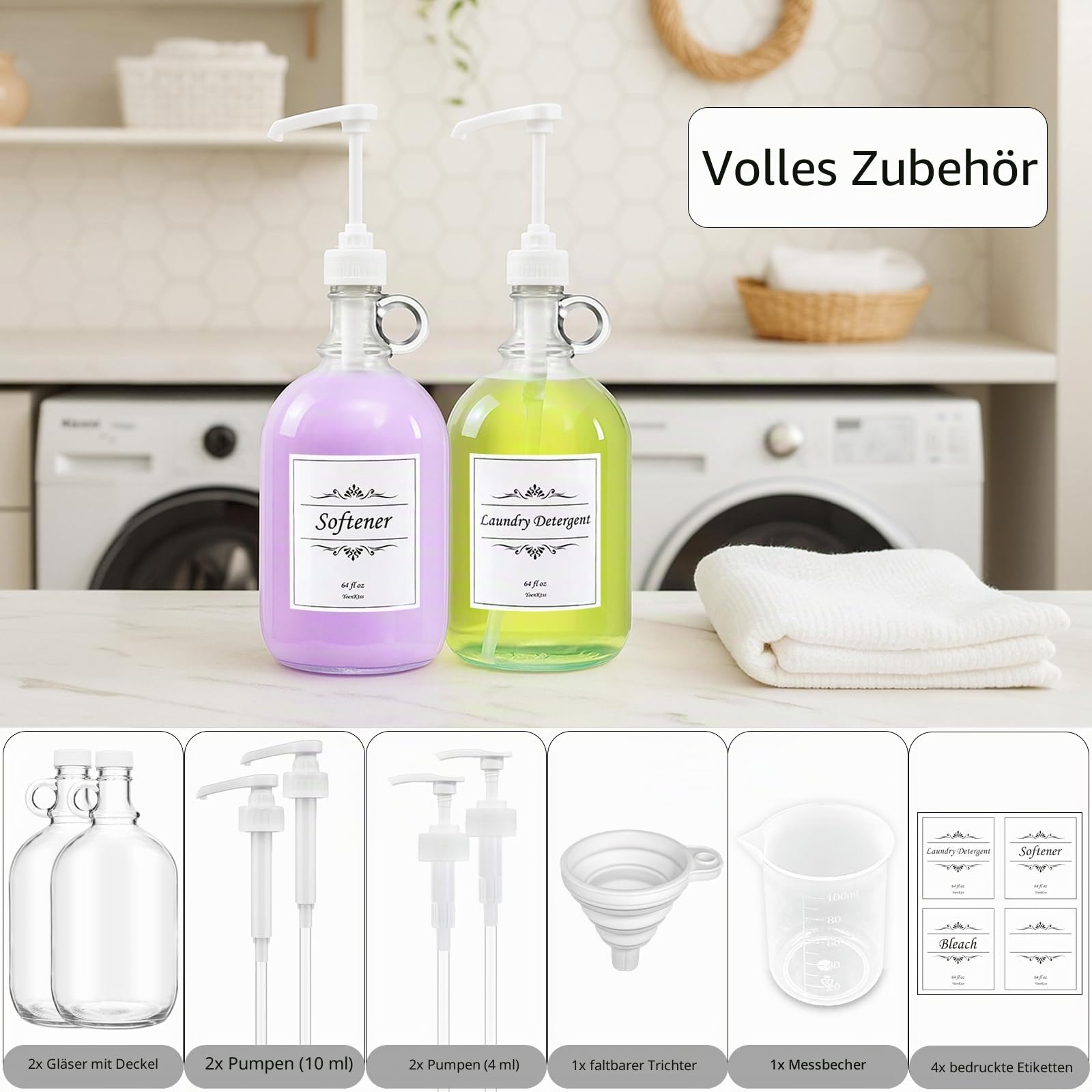 Waschmittelspender mit Pumpe und Deckel, Glasflaschen für Waschküche, Organisation und Aufbewahrung, Weichspüler-Spender für Waschmaschine, 2 Stück