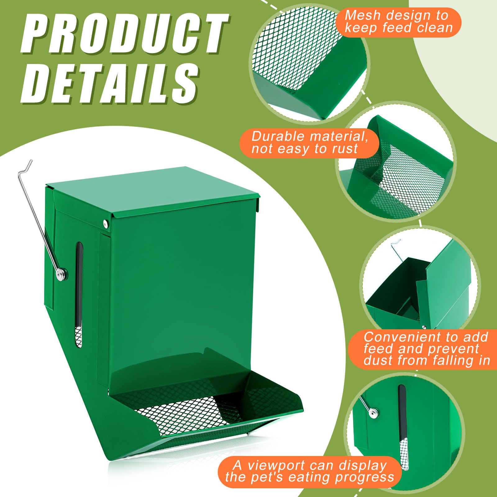 Maxcheck 2 mangiatoie per conigli per gabbie, dispenser di cibo per piccoli animali, con coperchio, in metallo, per grani di pollo, ostriche, conchiglie (11,9 cm, finestrella di visualizzazione, verde