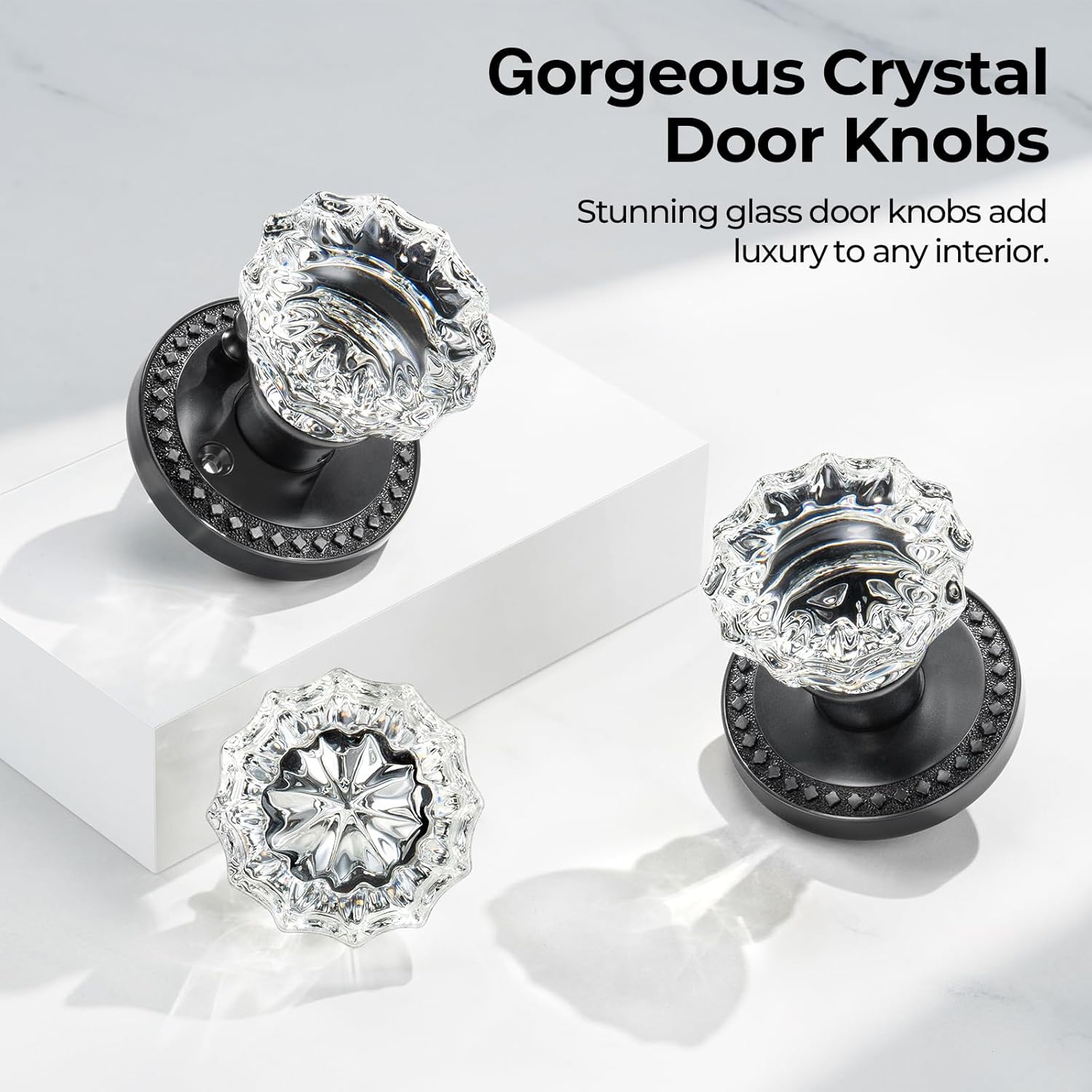 Glass Door Knobs with Lock, Matte Black Crystal Door Knobs Interior for Privacy Use, Rosette Vintage Antique Crystal Doorknob for Bathroom & Bedroom, 1 Pack