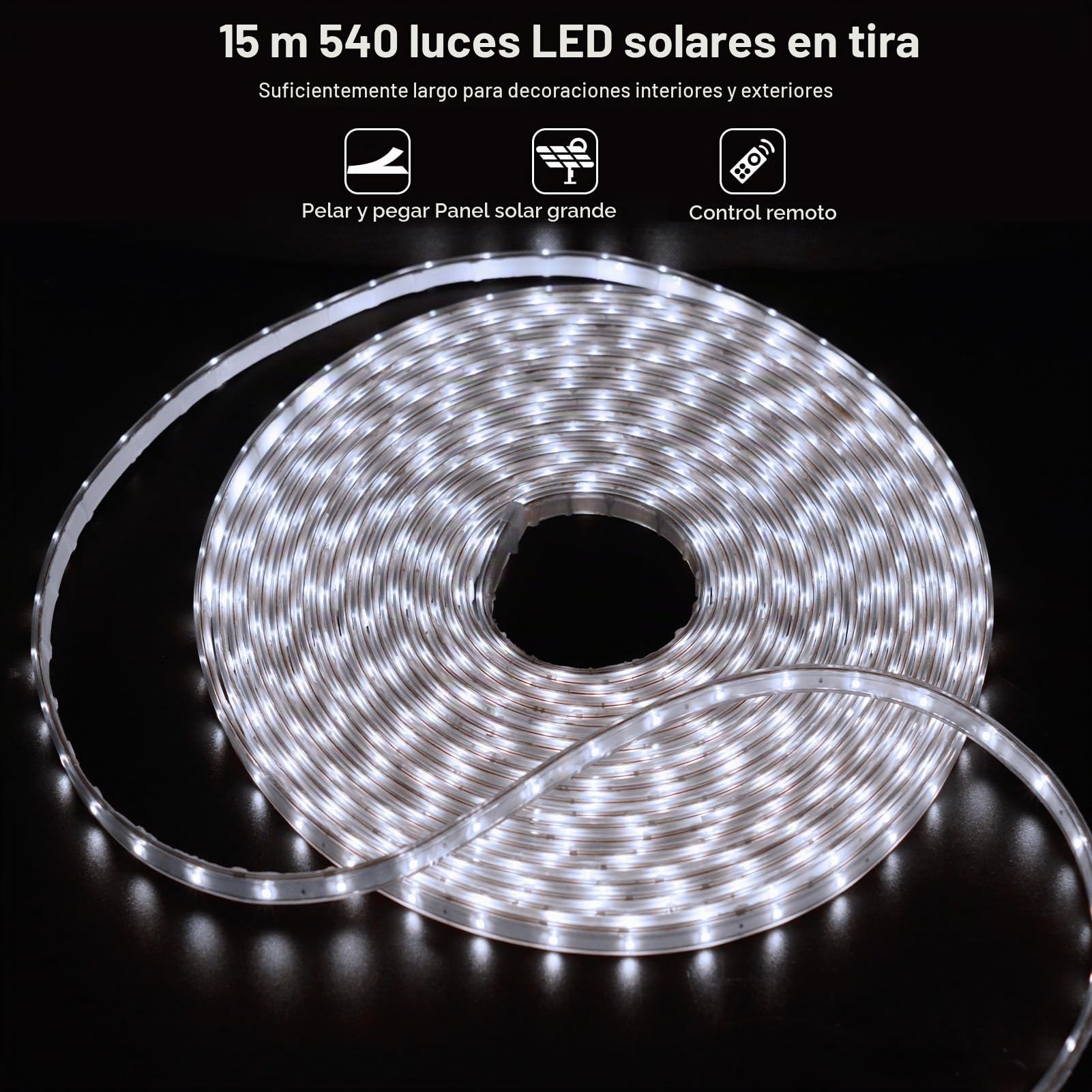 DBFAIRY 15M Tira LED Solar Exterior, 540 LED Tiras para exteriores, Luz LED IP68 resistente al agua con temporizador de mando a distancia, para jardín, terraza, balcón, decoración (blanco)