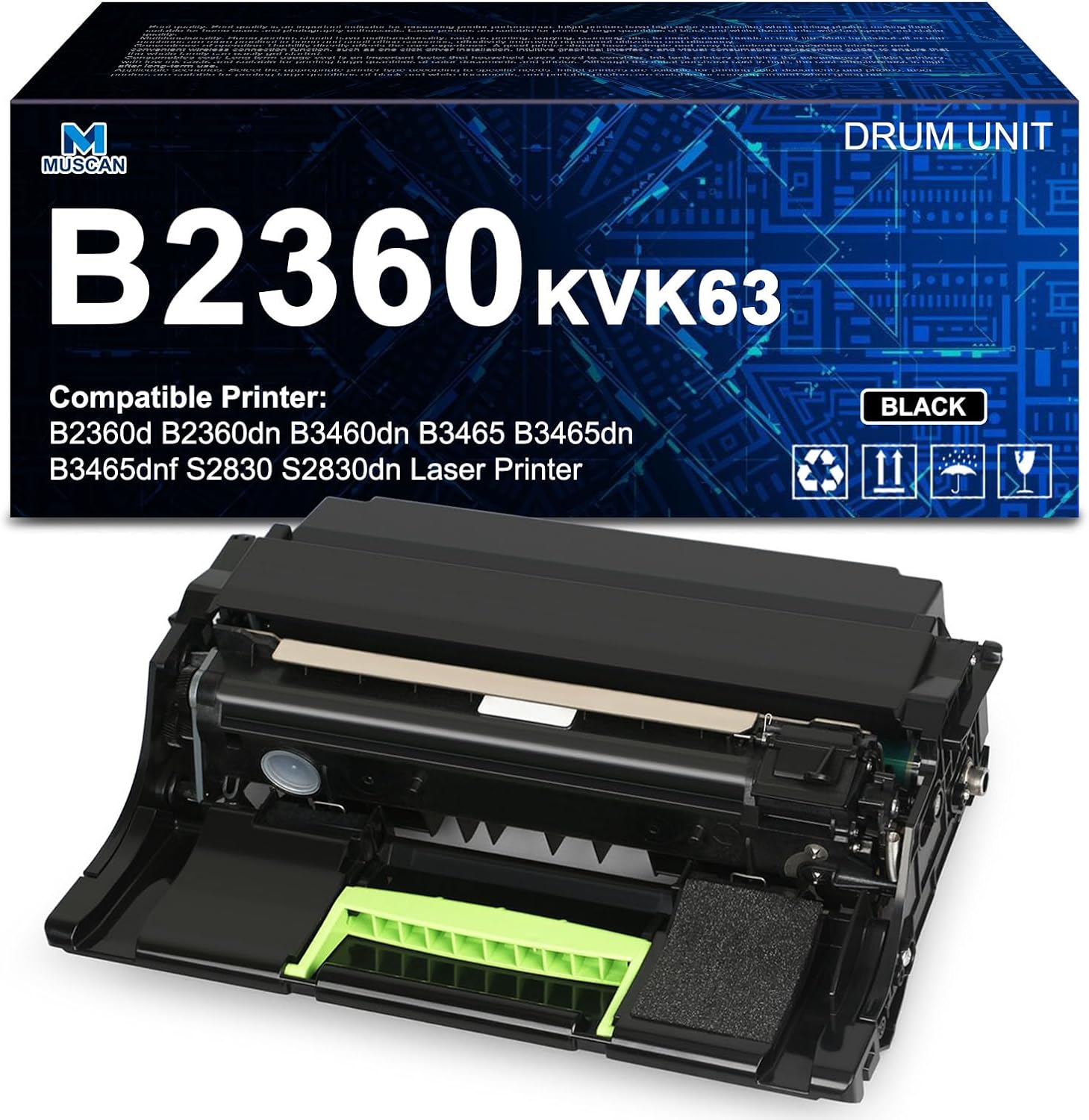 KVK63 B2360 Drum Unit 331-9810 331-9811 Replacement for Dell B2360d B2360dn B3460dn B3465 B3465dn B3465dnf S2830 S2830dn Laser Printer (1 Black)