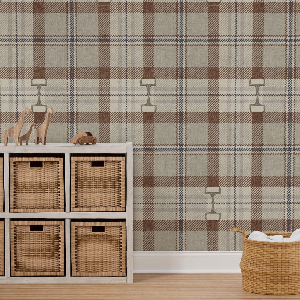 Spoonflower Peel & Stick Wallpaper 6ft x 2ft - Equestrian Autumnal Plaid Heritage Cozy English Rustic Tartan Neutral Farmhouse Tack Room Snaffle Custom Removable Wallpaper