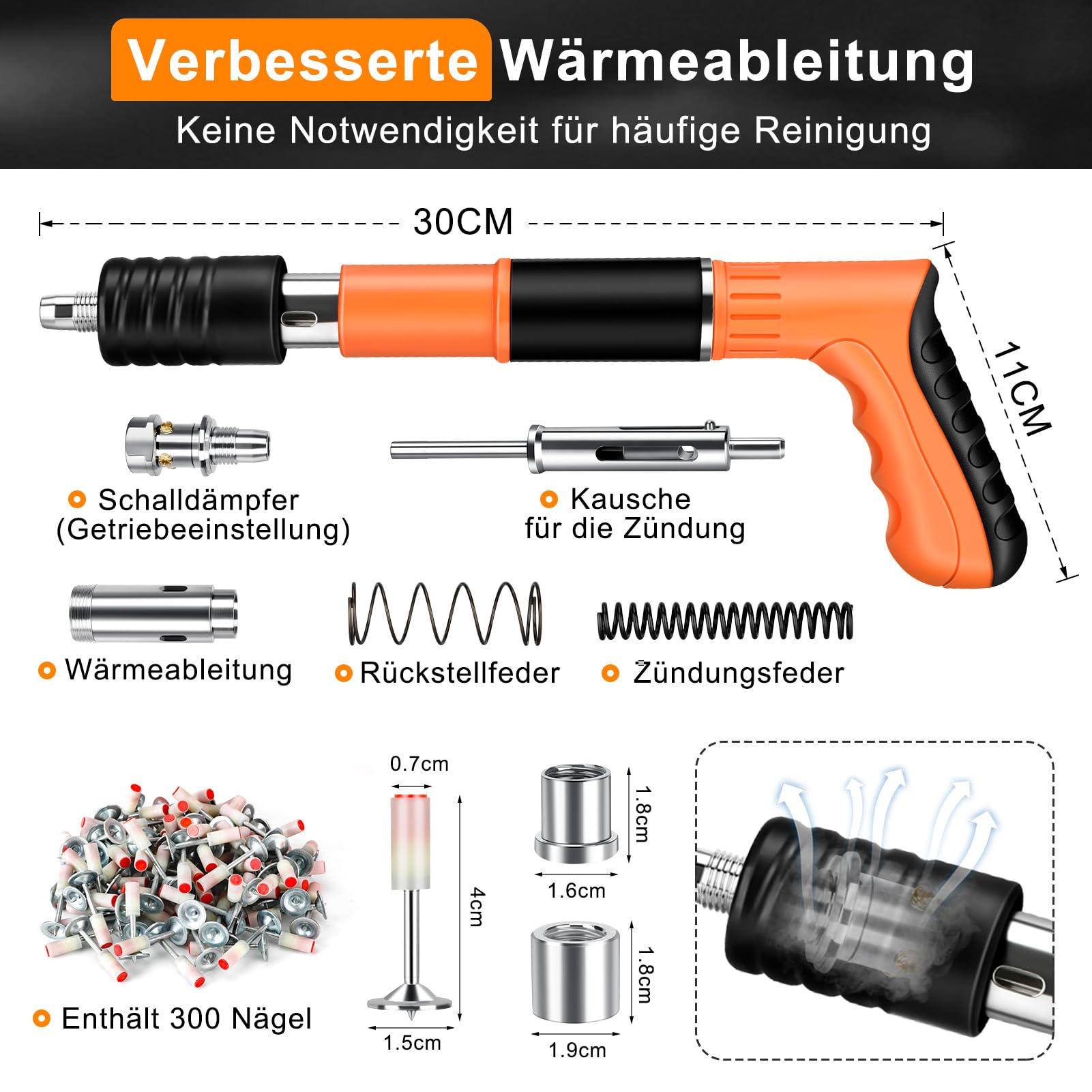 Pistolet à Clous Manuel avec 300 Clous Ronds, 5 Vitesses Pistolet Pneumatique pour Acier et Béton, Silencieux Réglable, Pistolet à Ongles Portable avec Gants à Lunettes Bouchons d'oreille (Orange)