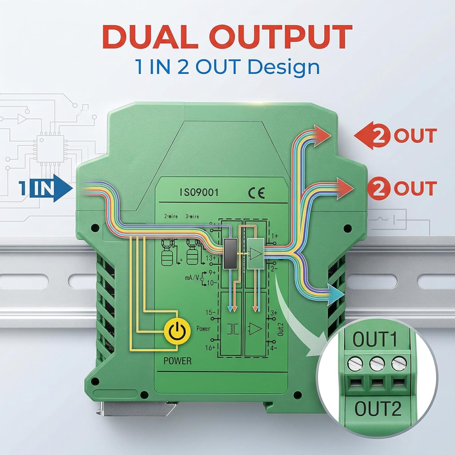 DC Isolator, Analog Isolator, 0-10V To 0-10V High Reliability 1 IN 2 OUT DC24V Powered Current Conditioner for 2 or 3 Wire Transmitters