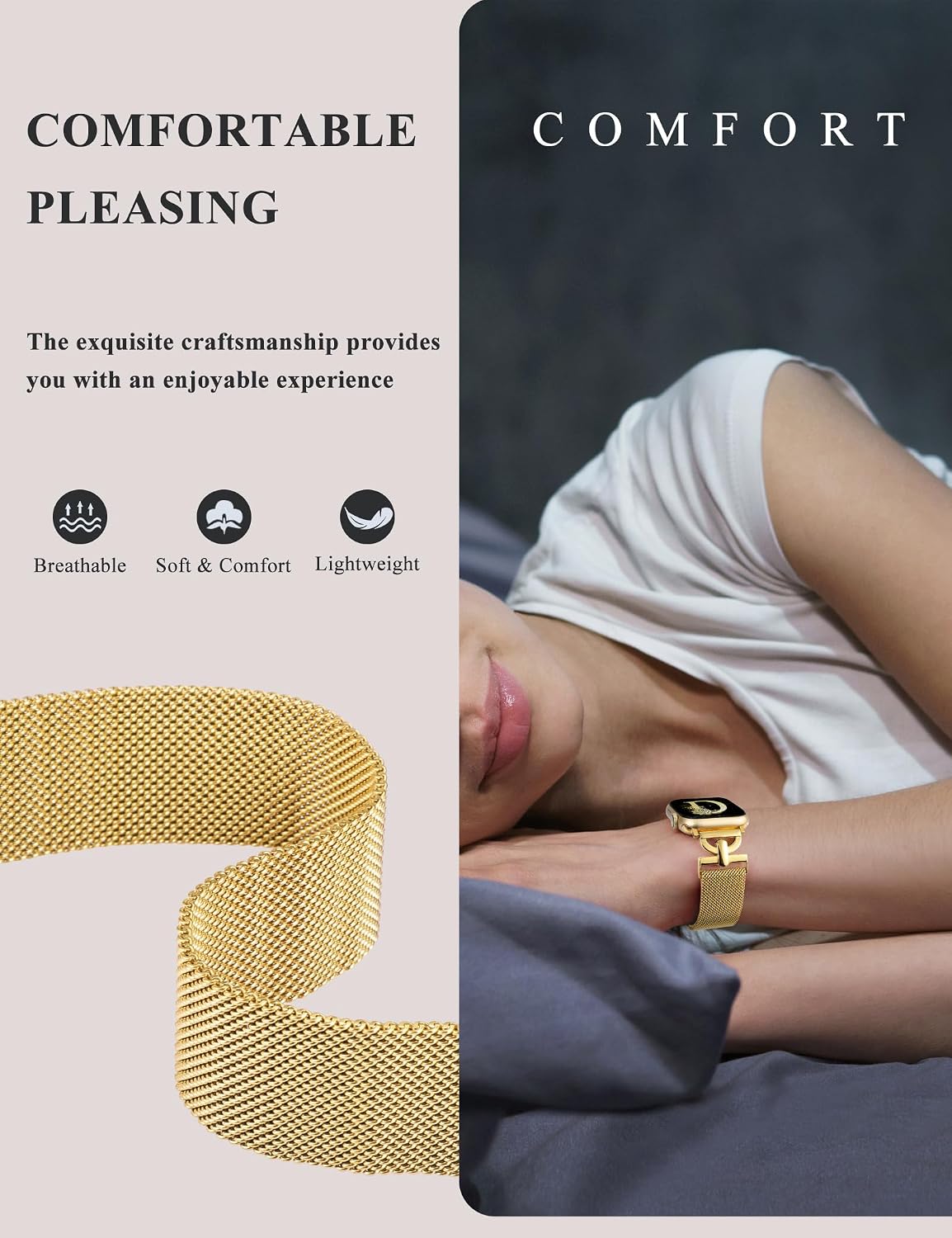 Stainless Steel Magnetic Loop Compatible with Apple Watch Band 38mm 40mm 41mm 42mm Women Metal Mesh D-shaped Clasp Strap for iWatch SE Series 10/9/8/7/6/5/4/3/2/1/Ultra(1/2) Gold