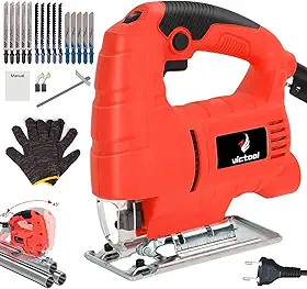 Victool Serra tico tico 800W com 6 Velocidades variáveis, Ângulo de inclinação 45°, 15 Peças de lâminas, Motor de cobre puro, Corte de madeira, metal e plástico