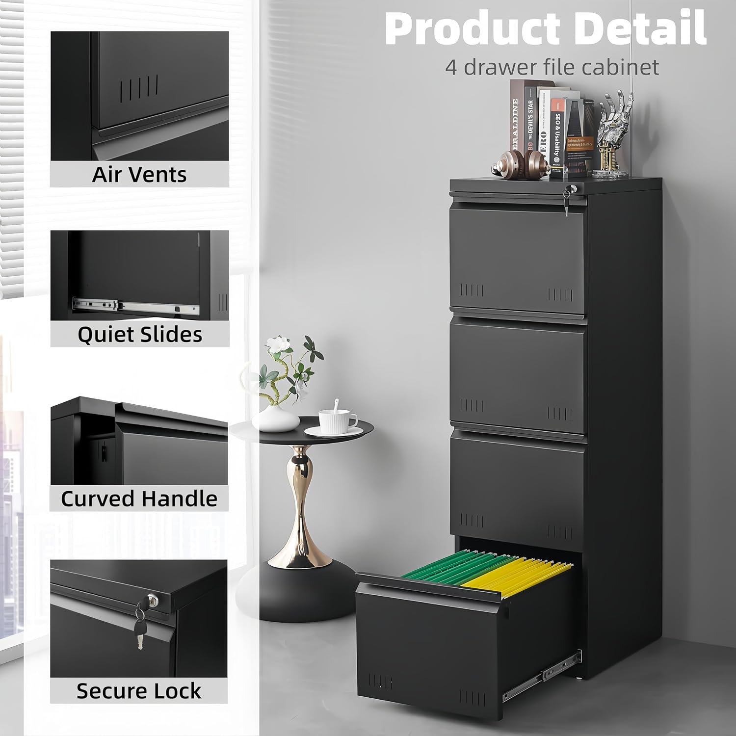 Approgreent Vertical 4 Drawer File Cabient with Lock, Metal Filing Cabinets for Home Office, Heavty Duty Office Storage Cabinet for A4/Letter/Legal (Matte Black) thumbnail