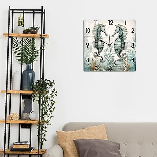 Miniatura 5 de Reloj de pared colgante de caballito de mar en acuarela costera vintage, océano, fondo marino, mundo, animales, PVC, reloj de pared de verano para