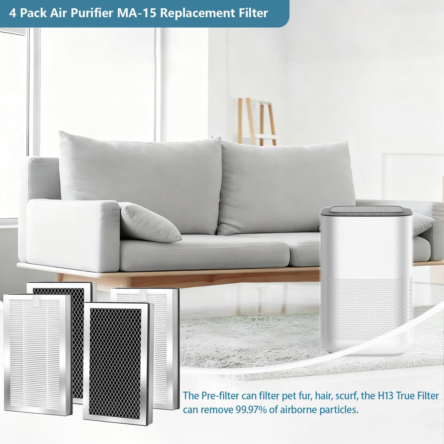MA15 Replacement Filter Compatible with MA-15 Air Purifier Fit for Medify Air MA-15 Series air puri-fier 3-in-1 with Pre-filter H13 True HEPA and Activated Carbon Filter, 4 Pack