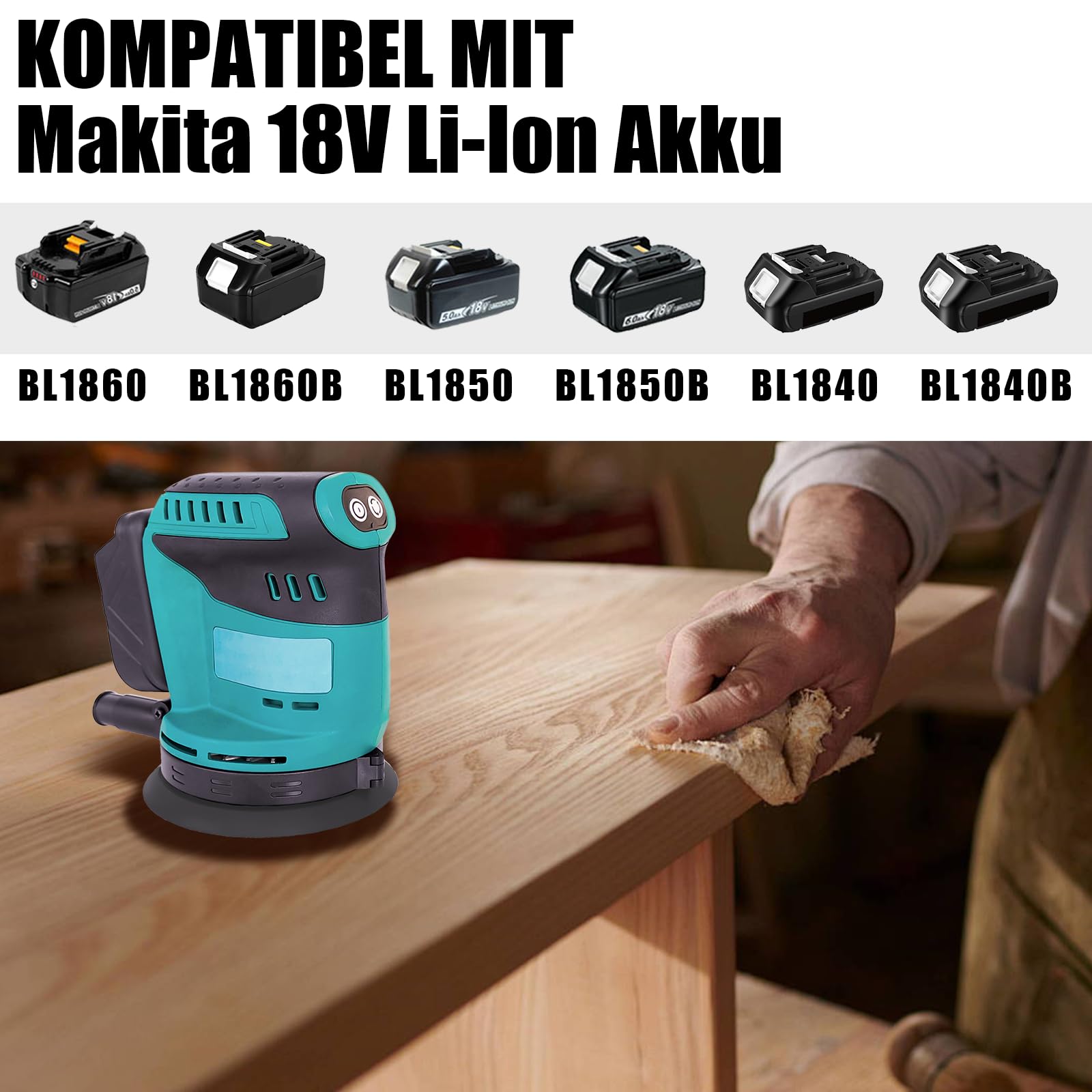 Lijadora excéntrica con batería de 125 mm, repuesto para Makita DBO180Z, lijadora eléctrica inalámbrica con 3 niveles de potencia, para carpintería, trabajo de metal, 2 baterías de 3000 mAh y cargador