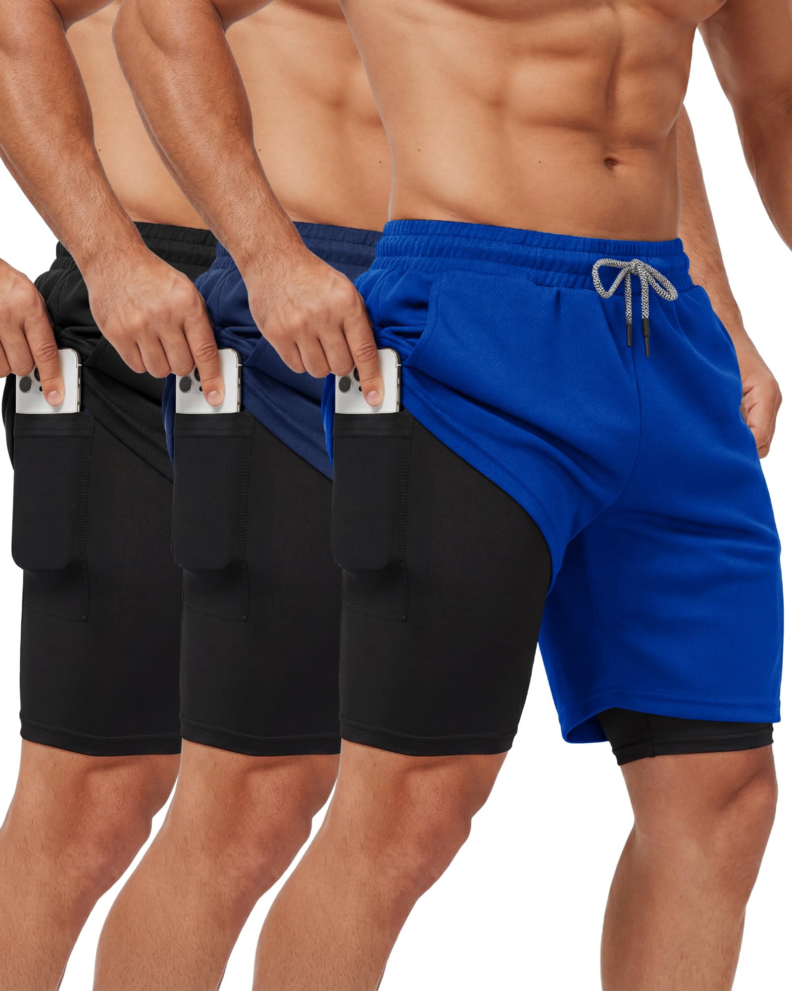 Sureio 3 Pcs Men's 2 in 1 Gym Workout Running Shorts 7 Inch
