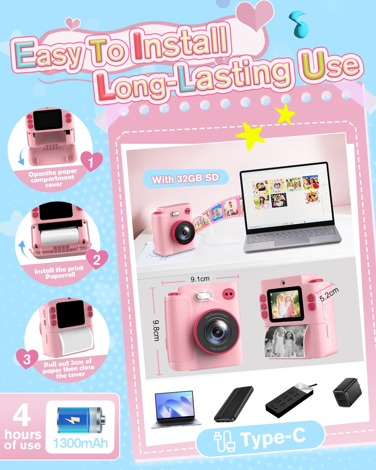 Sofortbildkamera Kinder, 1080P HD Kinderkamera Sofortbildkamera mit 32GB Karte & DruckerPapier, Kinderspielzeug Geburtstag und Weihnachten Geschenke für Jungen/Mädchen 3-12 Jahren (Rosa)