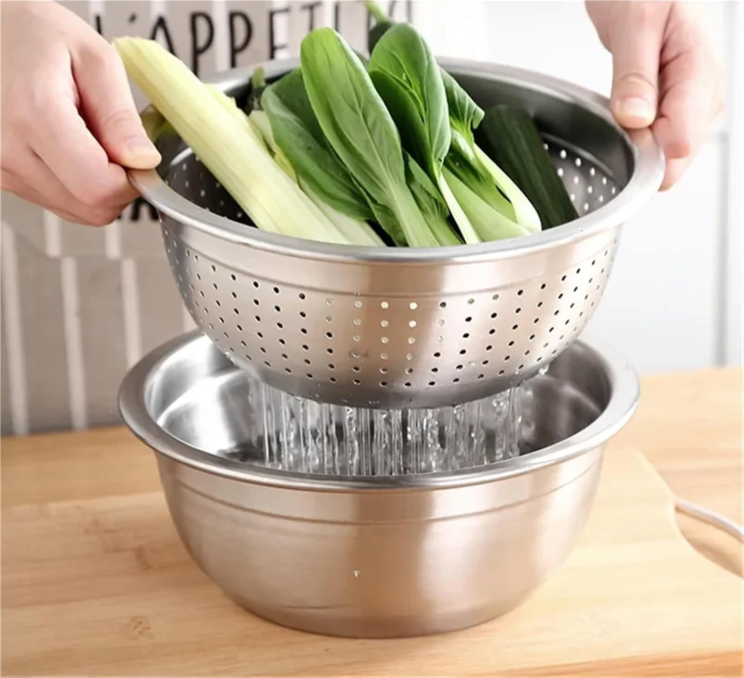 Colander Strainer Mixing Bowl 304 Stainless Steel Drain Basket Vegetable Rice Washing Basin Water Leakage Sieve Sesame Filter Net(32cm 2 pcs Set)