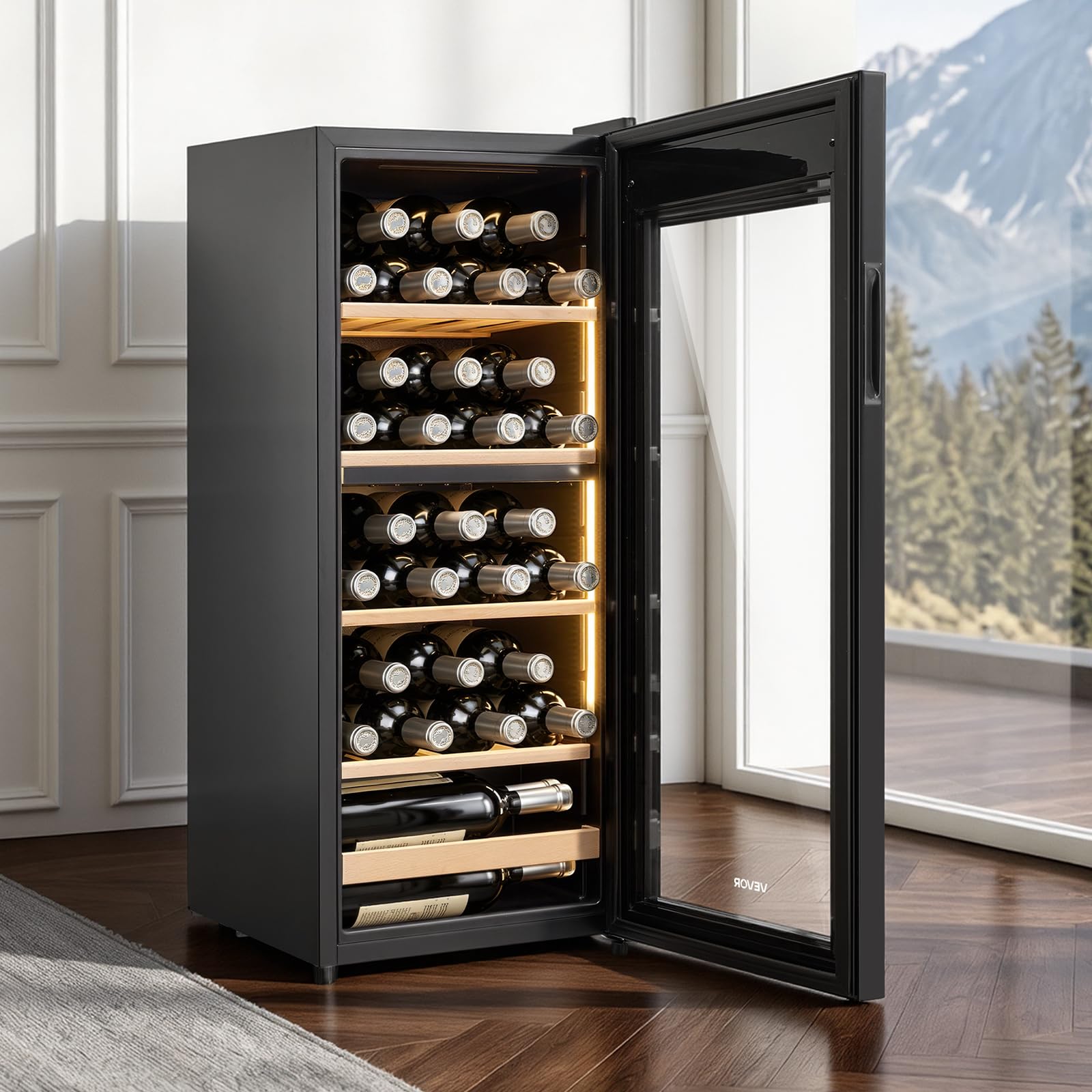 VEVOR Weinkühlschrank für 32 Flaschen, Freistehender Flaschenkühlschrank mit Doppelzonen, Einstellbarer Temperatur von 5 °C bis 18 °C und Glastür, für Hausbar, Büro, Bar, Rotwein, Weißwein, Champagner