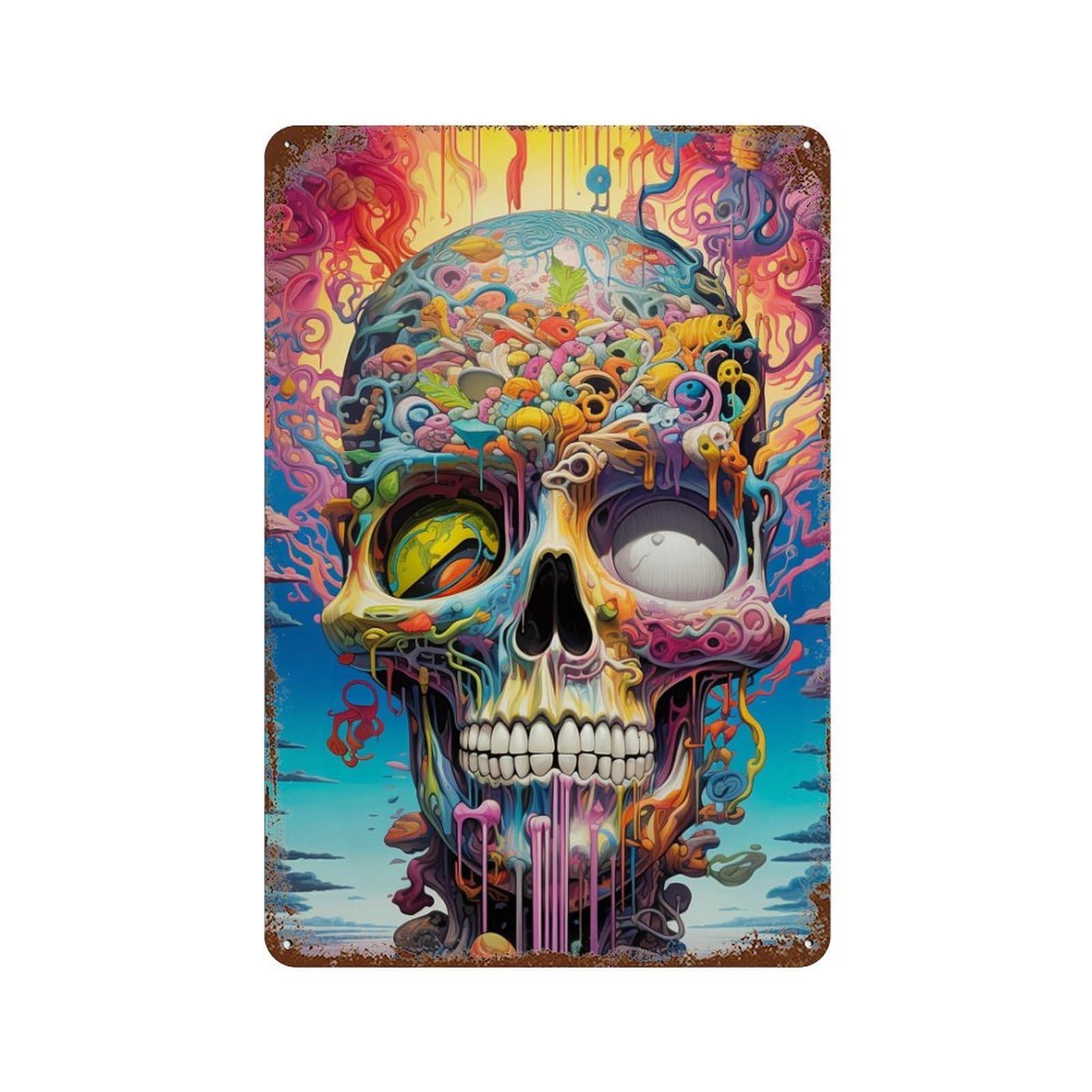 Rust Effect Colorful Skull Artwork-1 Vintage Rust Metal Sign 11.8"x7.9", Decorative Metal Wall Art for Shed, Workshop And Garage Wall Decor