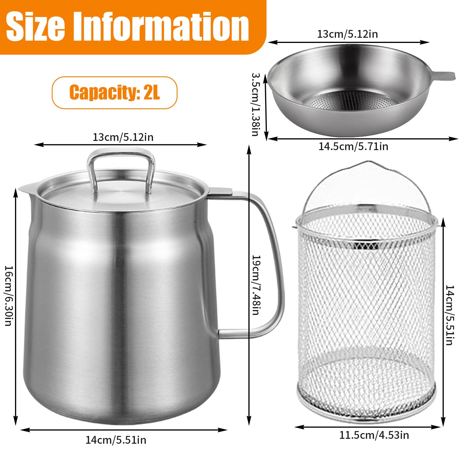 Friteuse Acier Inoxydable 304 avec Mailles Filtre Fines & Filtrant Panier, Marmite Huile Multifonctionnelle 2L Couvercle Anti-Poussière, Récipient Graissee Poignée pour Graisse Cuisson Frire