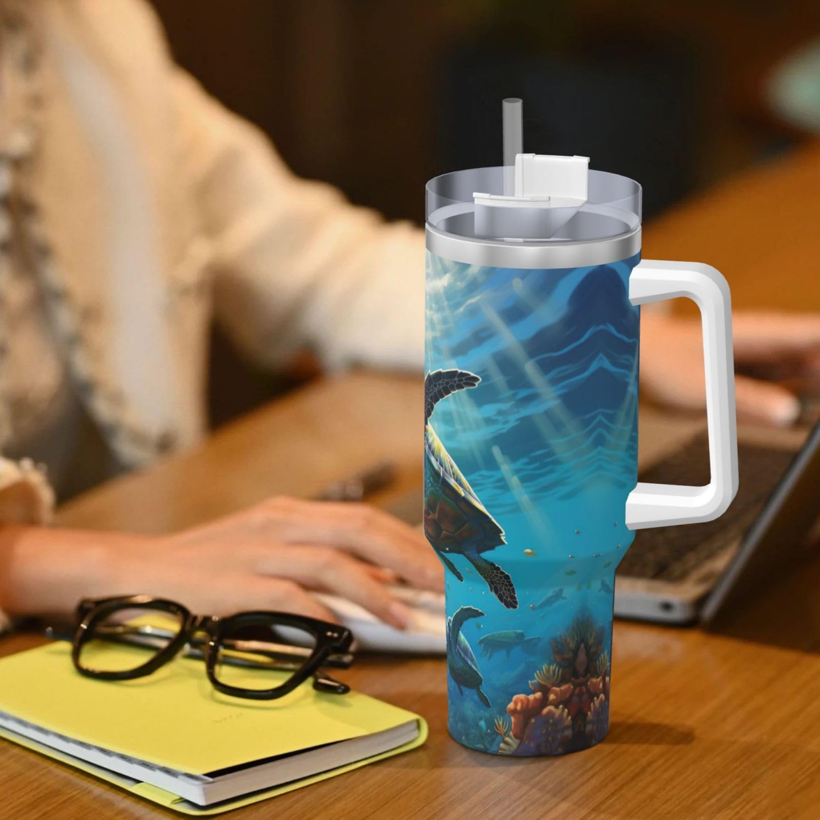 Sea Turtles Ice Bully Wasserflasche aus Edelstahl, doppelwandig, isoliert, mit Griff und Strohhalm-Deckel, 1,2 l