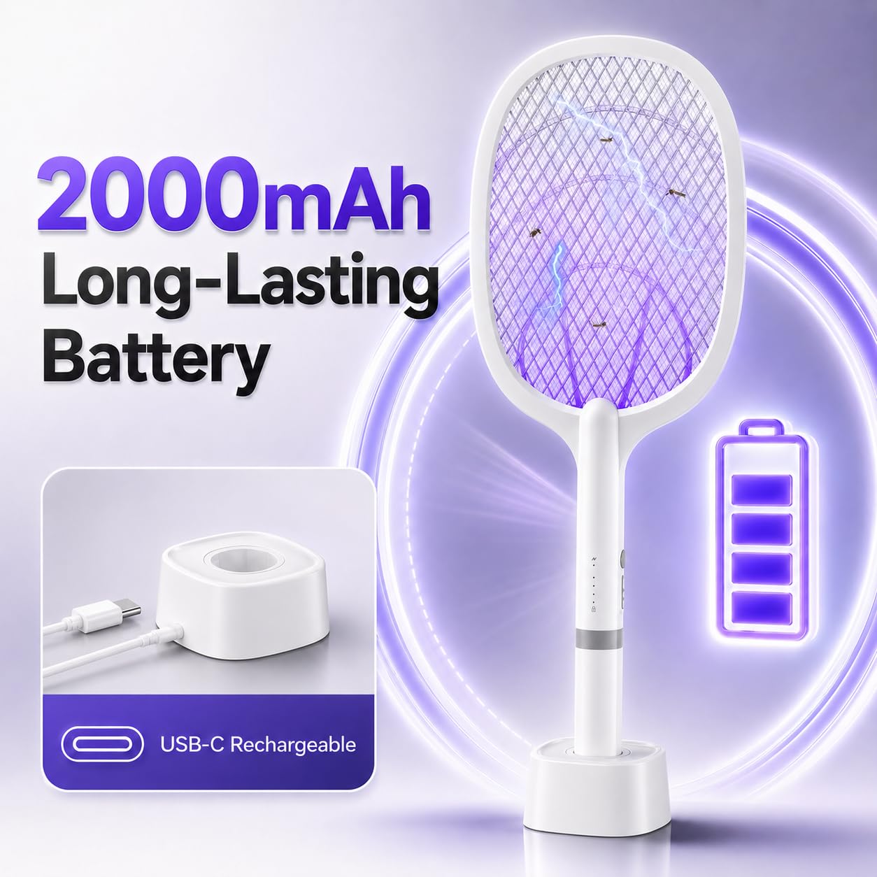 DANGZW Elektrische Fliegenklatsche 5000V, Wiederaufladbare Mückenklatsche Elektrisch mit 2000mAh Akku, Abnehmbarer Griff, UV-Lichtfalle & Ladestation, Insektenvernichter für Mücken Fliegen Motten