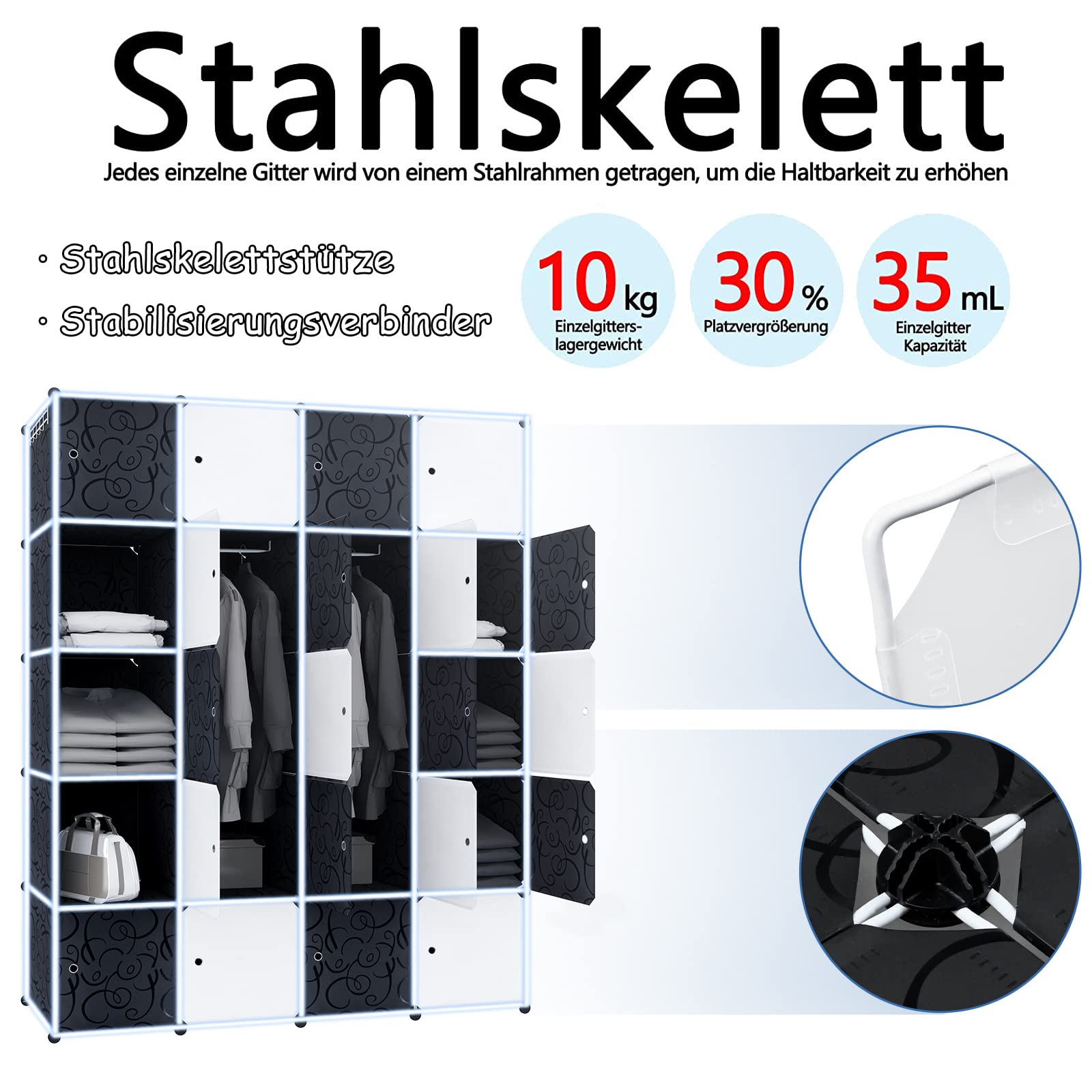 NAIZY Kleiderschrank Schwarz Weiß DIY Regalsystem aus Kunststoff Garderobenschrank Steckregal Steckregalsystem mit Tür Kunststoffschrank (20 Würfeln, mit 2 Kleiderstange)