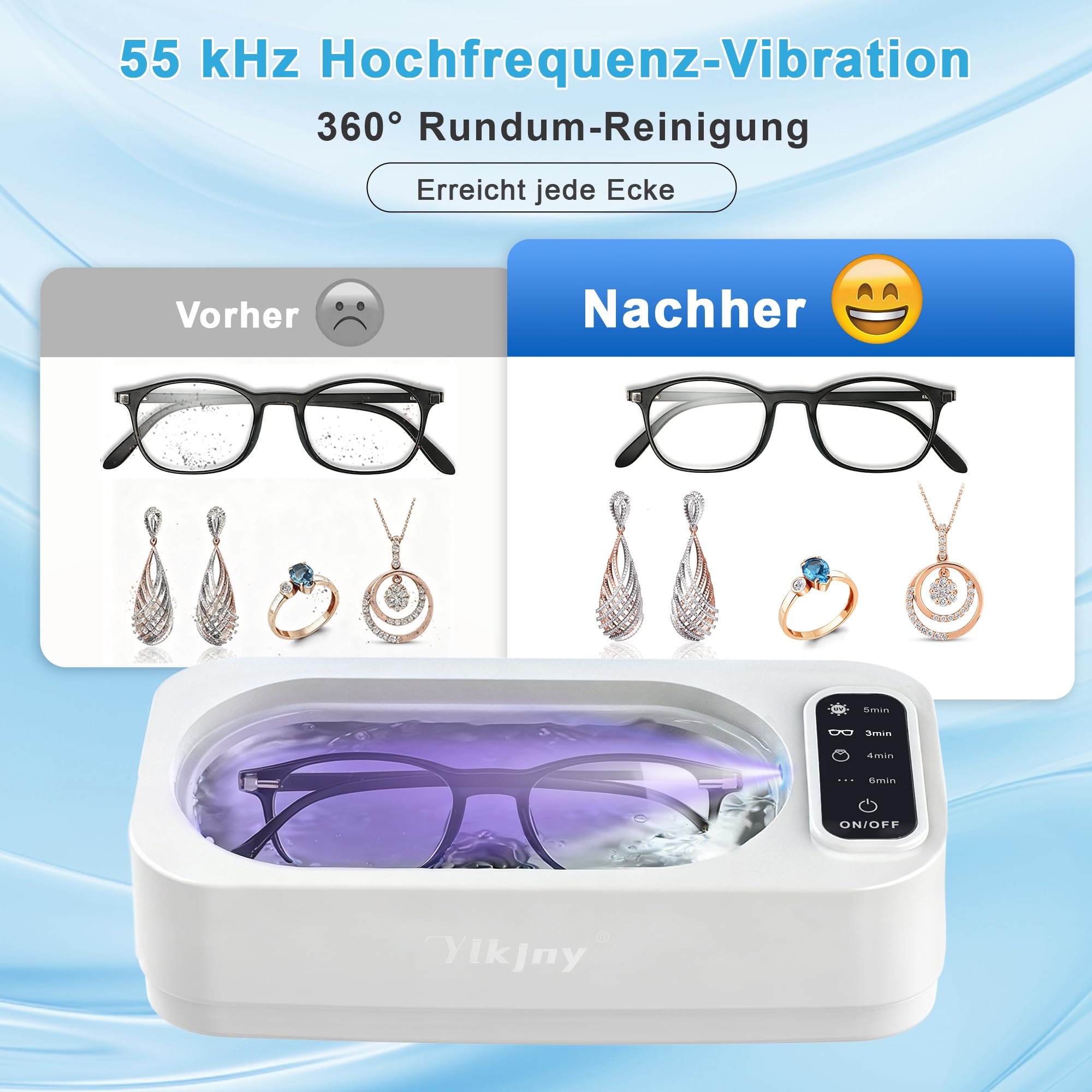 Ultraschallreinigungsgerät, 55KHz UV Brillenreinigungsgerät mit LED-Anzeige, 350ml Ultraschallreiniger, 4 Modi Professionelle Ultrasonic Cleaner für Schmuck, Brillen, Ringen, Zahnspangen, Rasierköpfe