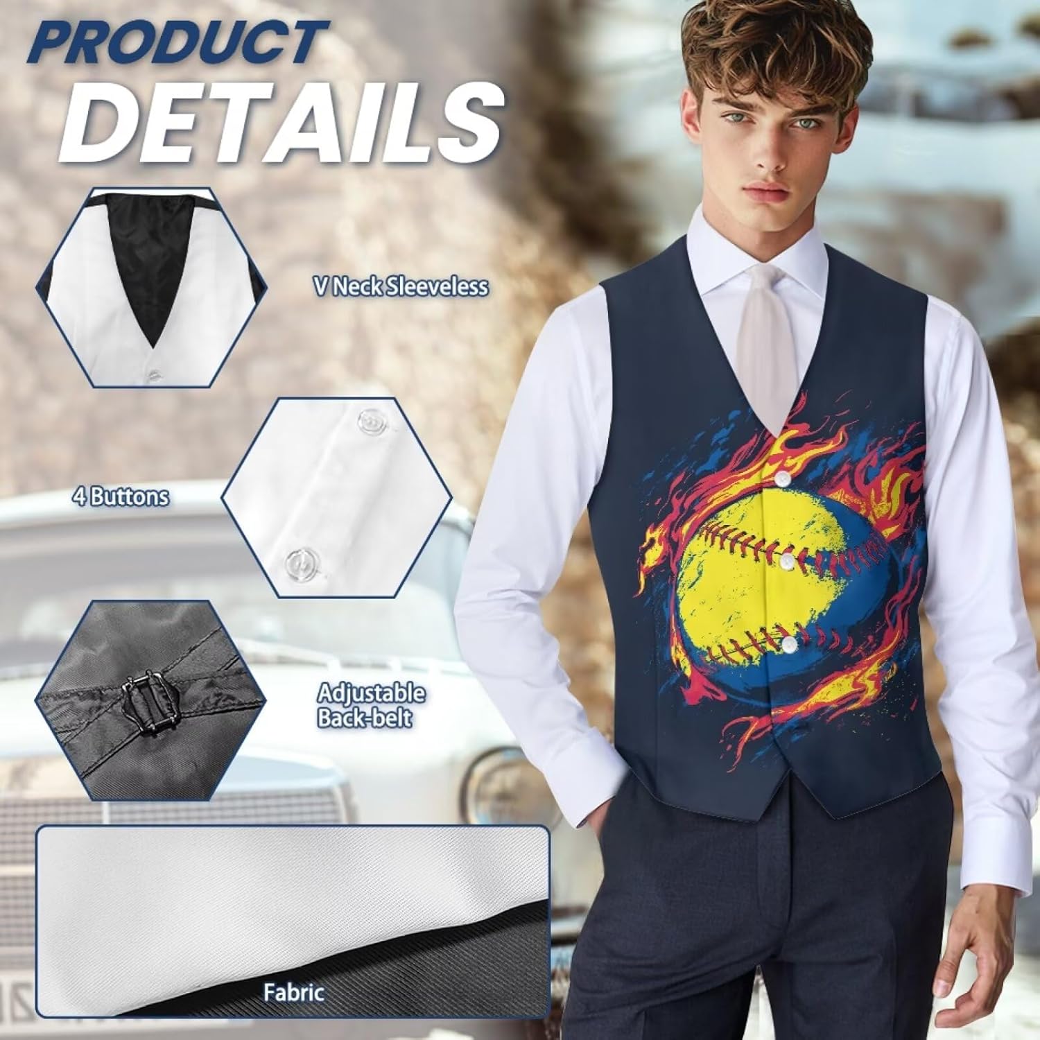 TOADDITDO Ball Print Suit Vest for Men Sleeveless Button Down Vests Casual V-Neck Waistcoat with Back Strap