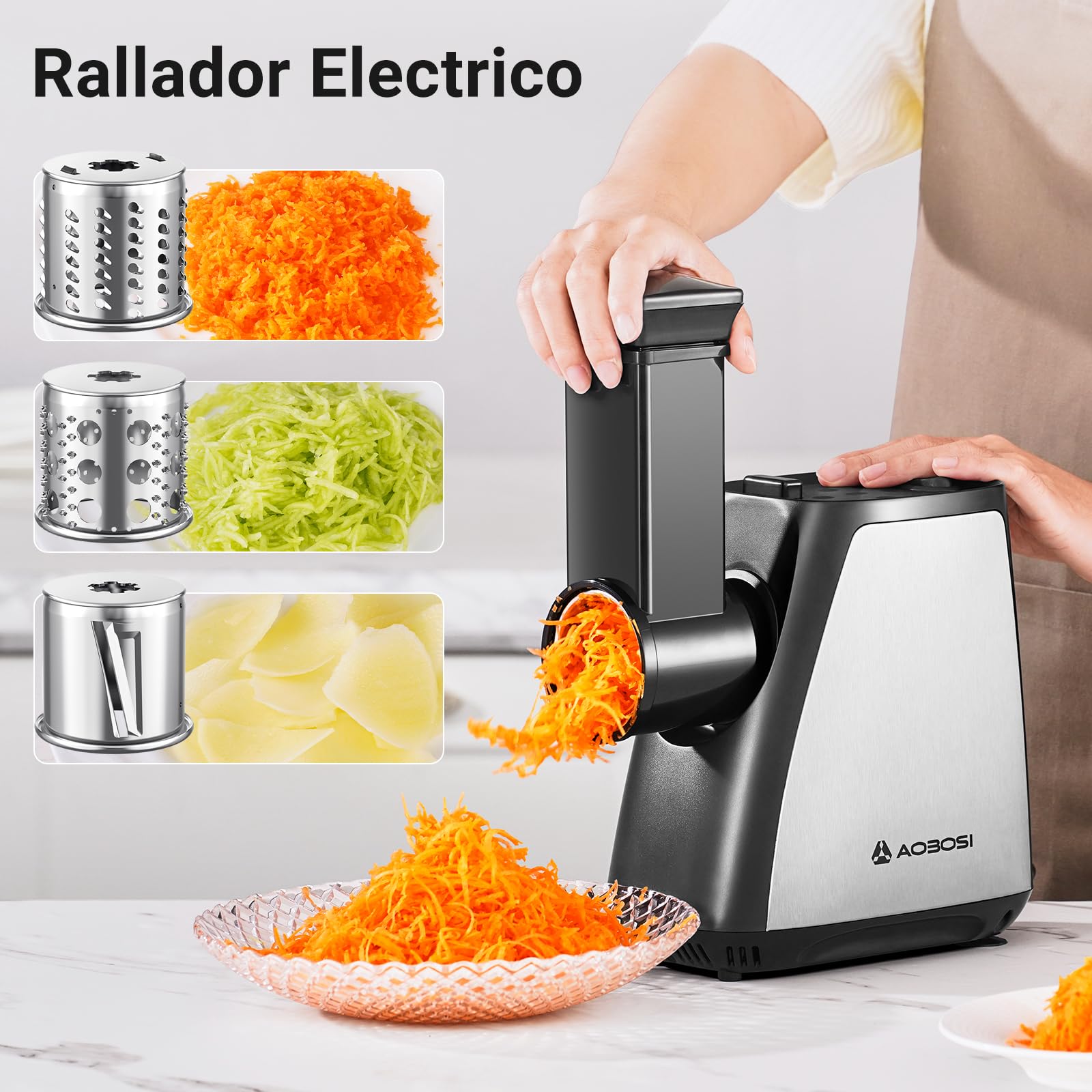 AAOBOSI Picadora de Carne, 4-En-1 Picadora de Carne Eléctrica [2800W Max] con 3 Cuchillas para Cortar, 2 Cuchillas para Desmenuzar, 3 Platos, Rellenador de Salchichas, Kit Kubbe, Acero Inoxidable