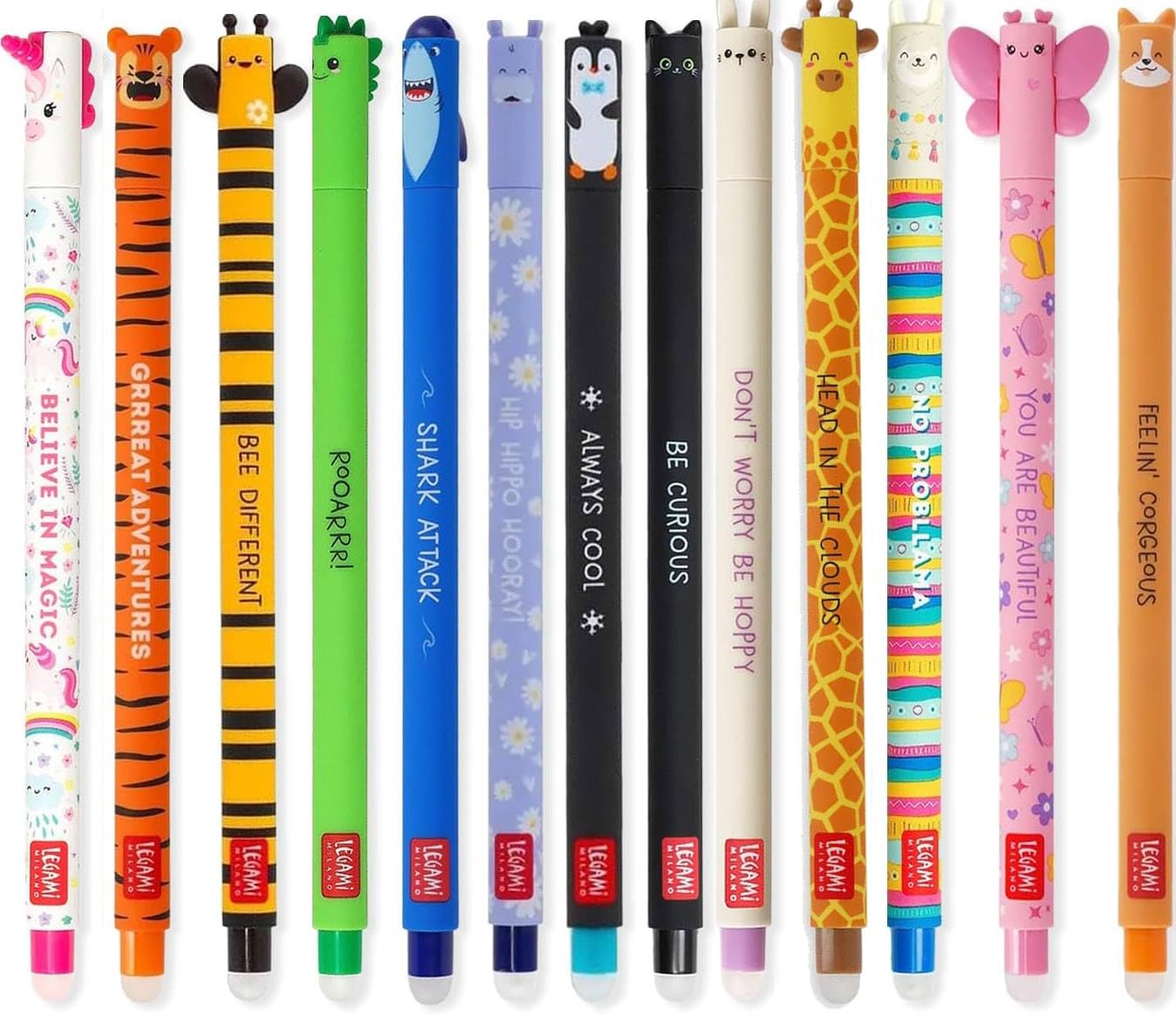 Legami Set of 13 Erasable Gel Pens with Thermosensitive Eraser Ink, Various Ink Colors and Shaft Designs, 0.7 mm Tip, Animal Motifs