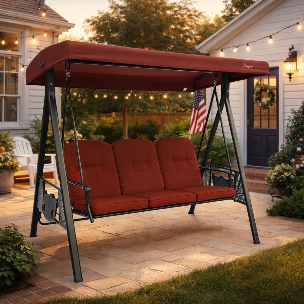 Kozyard Herbert Deluxe 3-Seat Patio Porch Swing with Stand, Adjustable Canopy, Outdoor Freestanding Swing Chair for Backyard, Poolside, Deck, Balcony, Weather-Resistant (Terracotta)