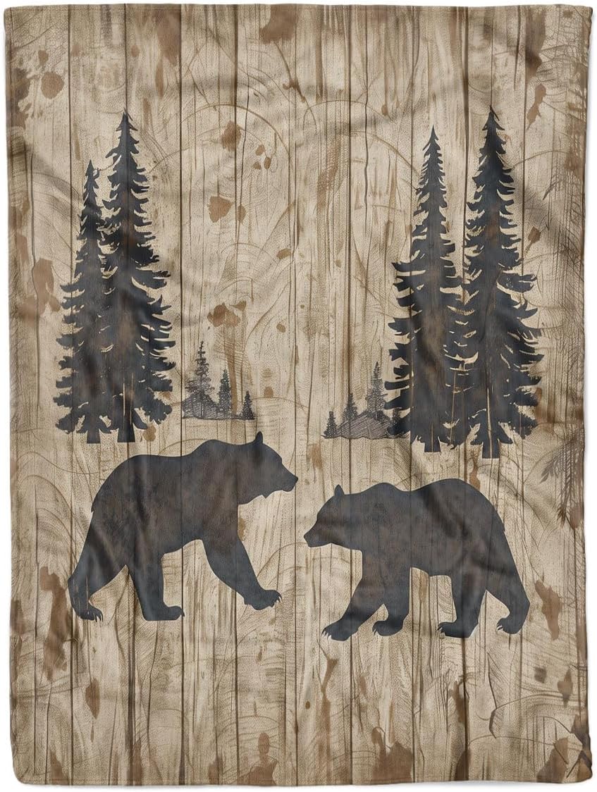 Retro Rusticd Blanket, Lodge Bear Moose Deer Country Farmhouse, Soft Plush Fleece Throw Blanket for Men, Cozy Pattern for Hunting Enthusiasts & Outdoorsmen, Gift for Bed, Cabin & Travel, 60" x 80"