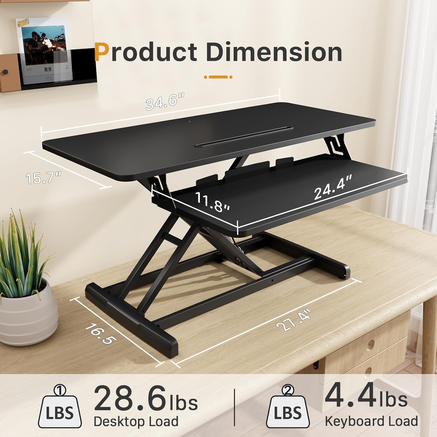 joy worker standing desk converter, 35" wide height adjustable sit stand up desk riser with keyboard tray, desktop workstation riser for home office computer laptop, particle board, black black 35 inch