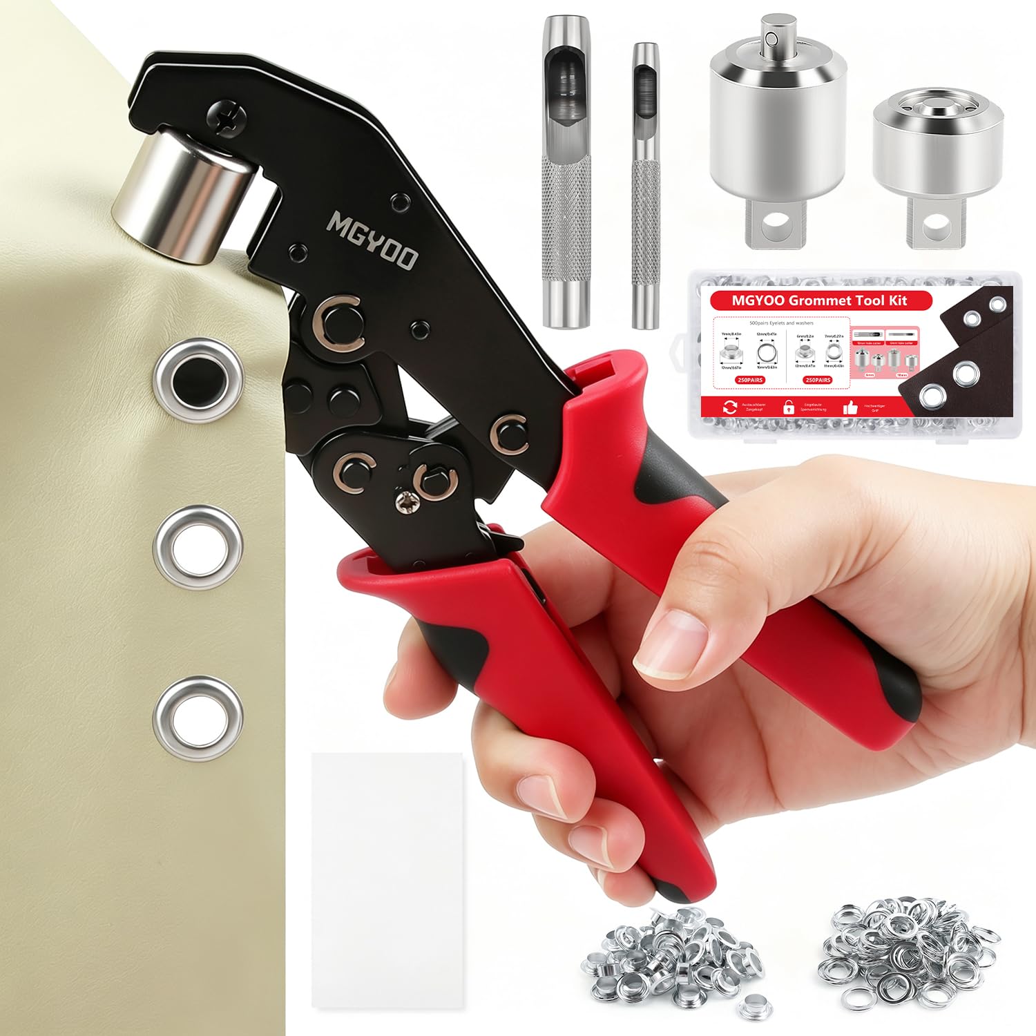 Kit di attrezzi per occhielli da 1 cm 0,6 cm per teloni in pelle con 500 paia di occhielli e occhielli, strumento resistente per occhielli da 1 cm con fustella da 0,6 cm, 500 paia di occhielli