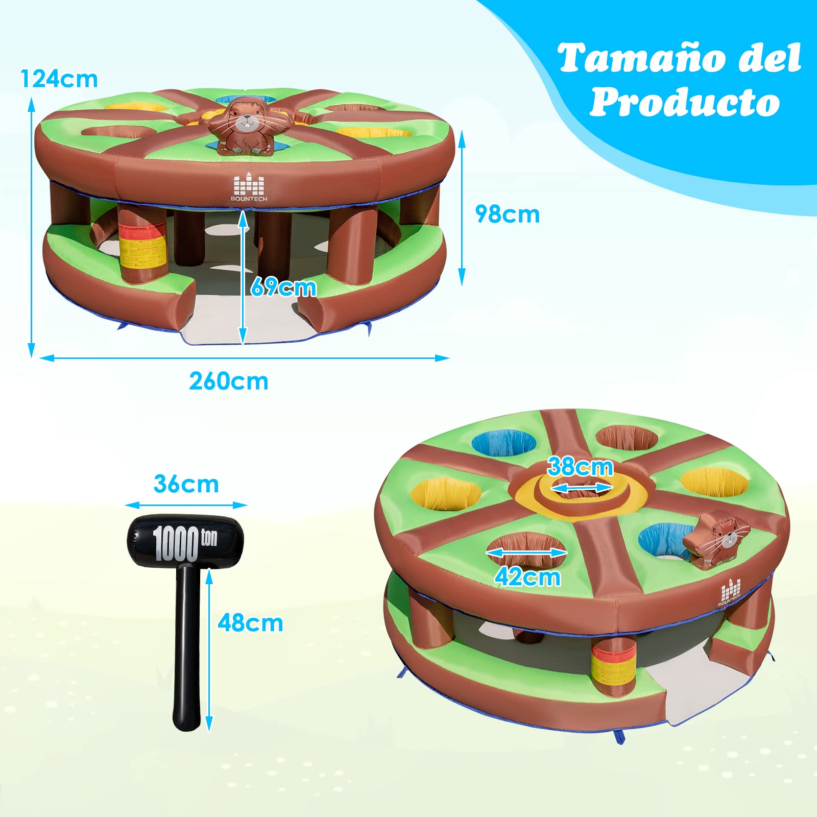 COSTWAY Juego Infantil Hinchable Golpeando un Topo, Juguete con Soplado de 480W, Bate Hinchable, Palos, Juego Interactivo para Patio, Parque, Fiesta, Regalo para Mayores de 3 Años