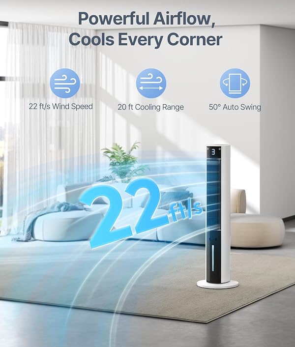 EXNOS Evaporative Air Swamp Cooler - 38inch Cooling Fans that Blow Cold Air for Bedroom, Portable Tower Fan with 3L Water Tank, Ice Packs, Remote Control, 3 Speeds by EXNOS - Image 3