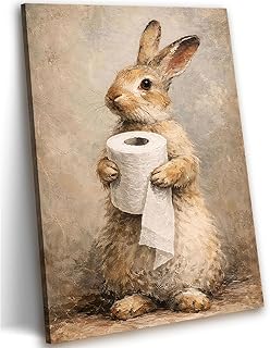 SIXWOOD Funny Bunny Bathroom Canvas Wall Art Animal Rabbit with Toilet Paper Picture Print Whimsical wall Decor Painting for Bathroom Washroom Restroom, 12x18 (Stretched Canvas On A Wooden Frame)