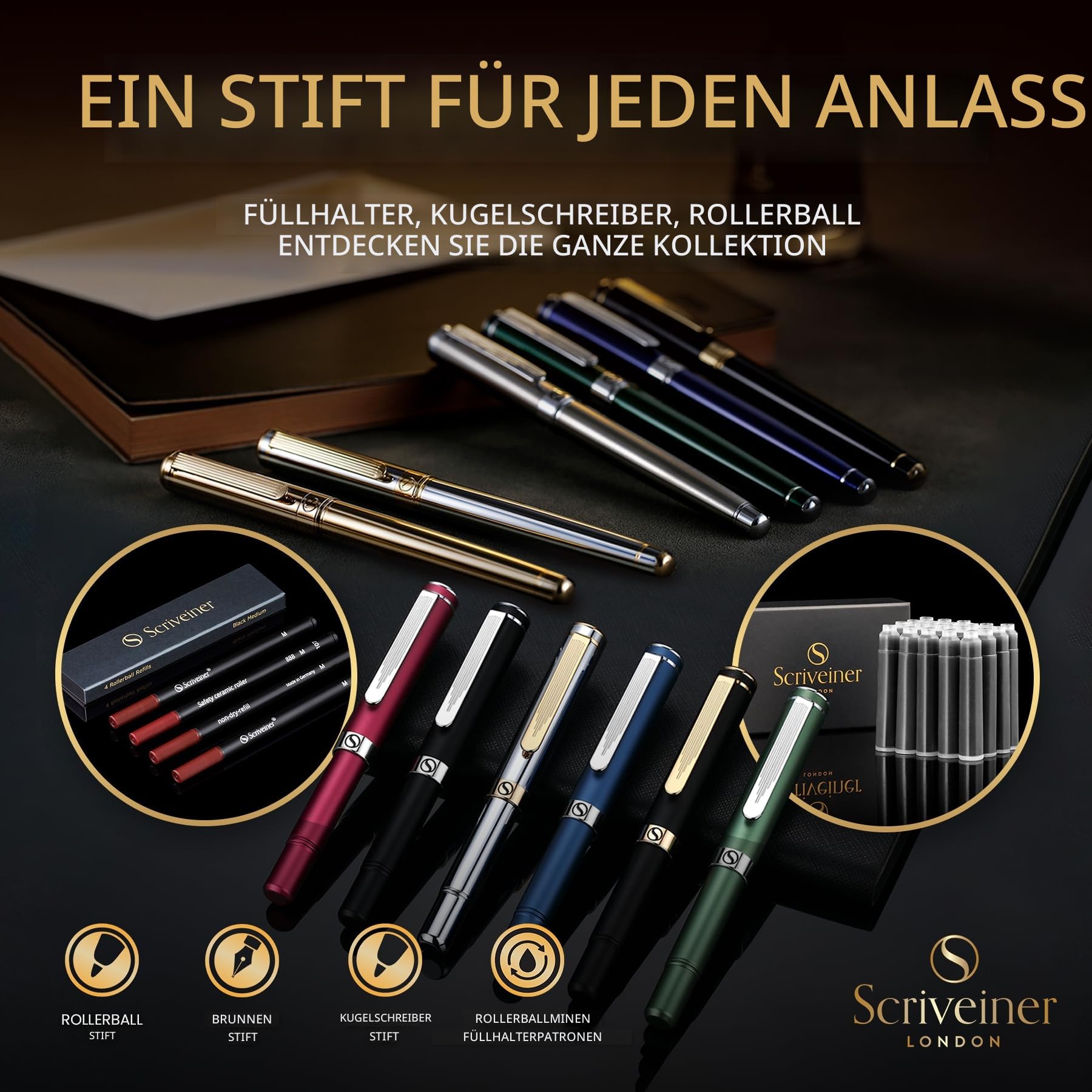 Scriveiner Personalisierter Stift - Atemberaubender Luxus Tiefschwarzer Lack, Gold Finish, Schmidt Tinte, Bestes Graviertes Kugelschreiber Geschenkset, Custom Name Gravur