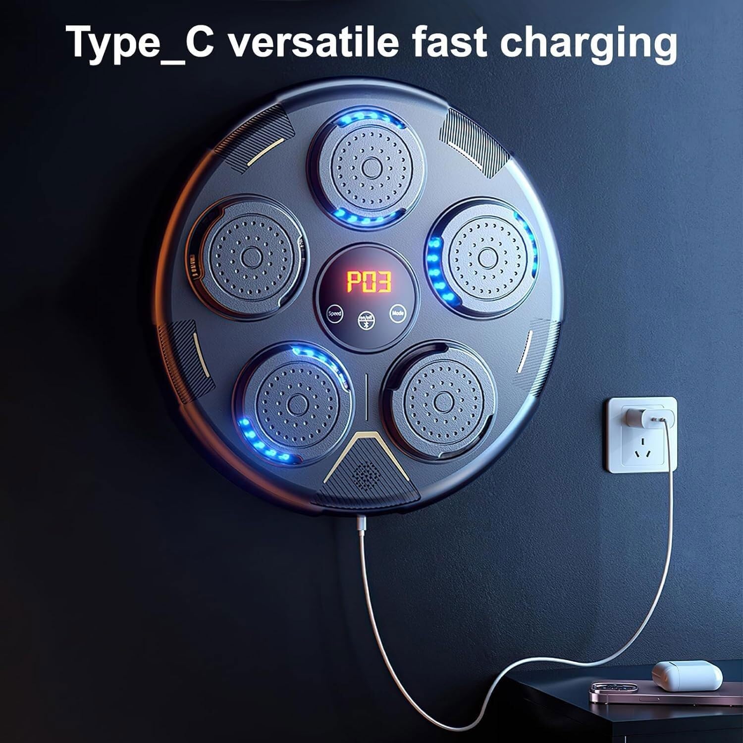Máquina de boxeo de música electrónica, objetivo de entrenamiento musical Bluetooth inteligente, ajuste de 9 niveles Entrenador de reacción de conteo inteligente, objetivo de pared con luz rítmica for
