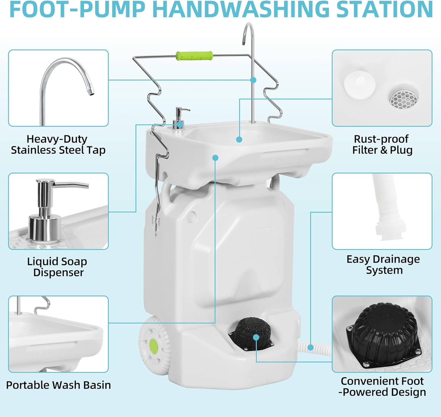 YITAMOTOR 38L(10Gal) Portable Camping Sink, 150+ Hand Washes, Portable Hand Washing Station with Adjustable Wash Basin, Large Wheels, Foot Pump, Towel Holder Soap Dispenser for Outdoors, Camping