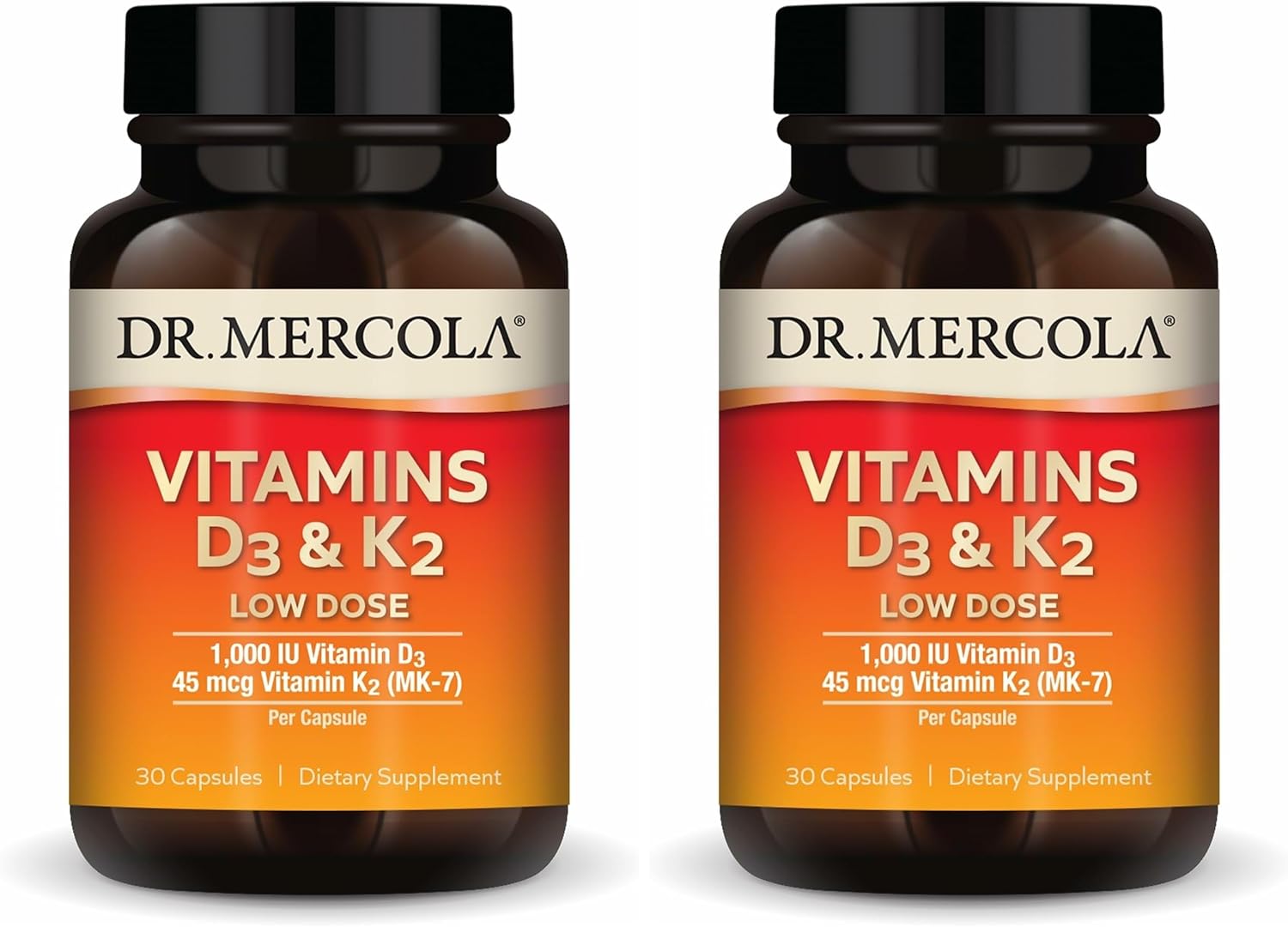Dr. Mercola Vitamins D3 & K2 Low Dose - Maintain Vitamin D Levels - Supports Immune & Bone Health - MenaQ7 Chickpea-Sourced K2 - Non-GMO, Gluten-Free & Soy-Free - 30 Capsules (30 Servings) (Pack of 2)