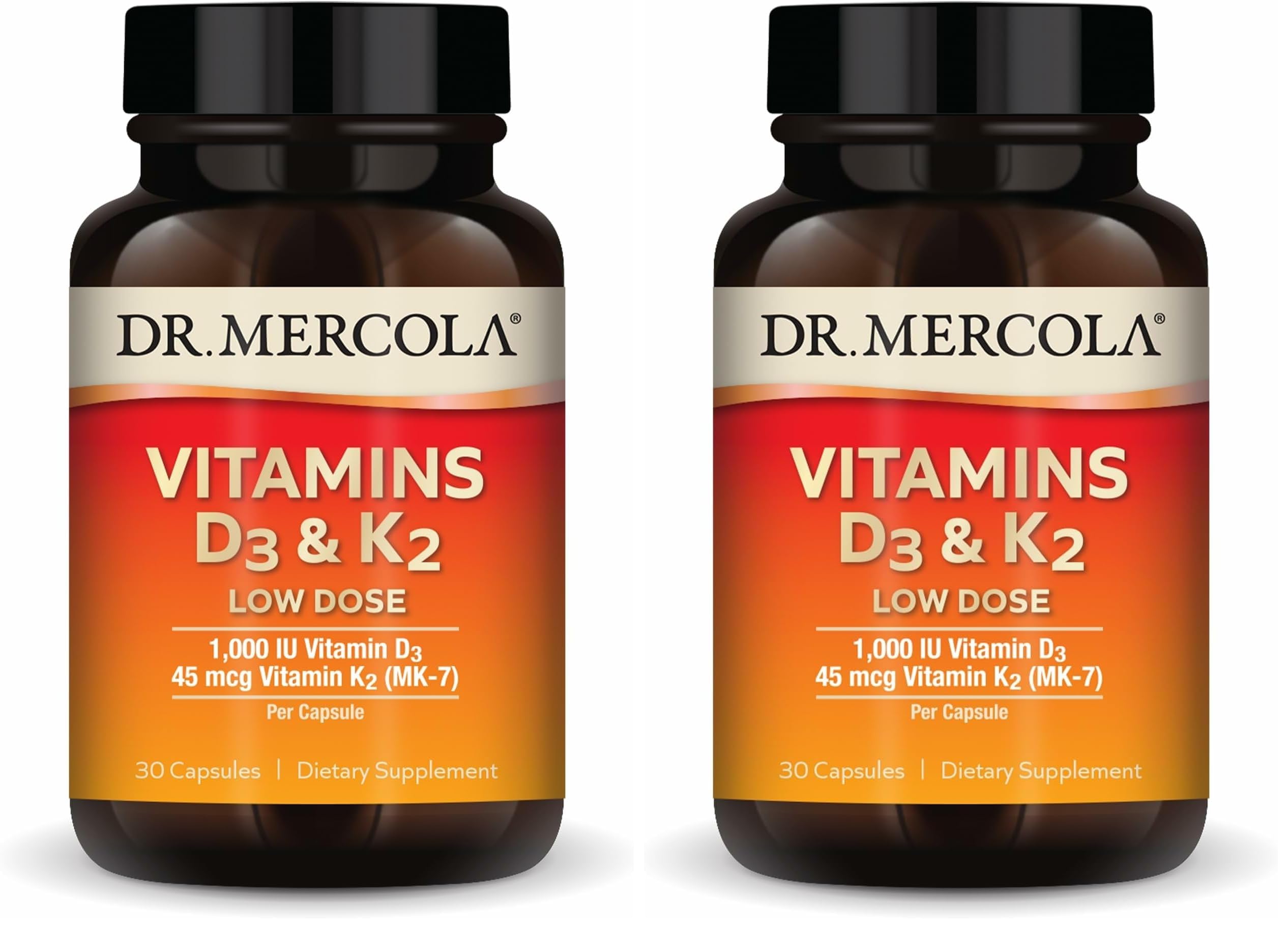 Dr. Mercola Vitamins D3 & K2 Low Dose - Maintain Vitamin D Levels - Supports Immune & Bone Health - MenaQ7 Chickpea-Sourced K2 - Non-GMO, Gluten-Free & Soy-Free - 30 Capsules (30 Servings) (Pack of 2) 30 Count (Pack of 2)