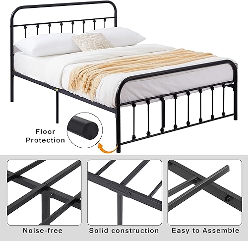 Miniatura 7 de VECELO Marco de cama, plataforma de metal tamaño King con cabecero y estribo, base de colchón de soporte de listones de acero de alta calidad, no