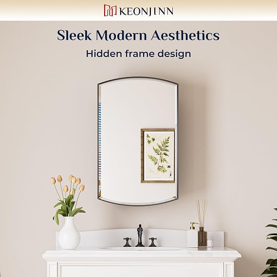 Keonjinn Black Medicine Cabinet 16 x 26 Inch, Surface Mount or Recessed Bathroom Cabinets with Mirrors, Metal Framed Wall Mirror with Storage, 2 Adjustable Shelves, Beveled Edge Mirror