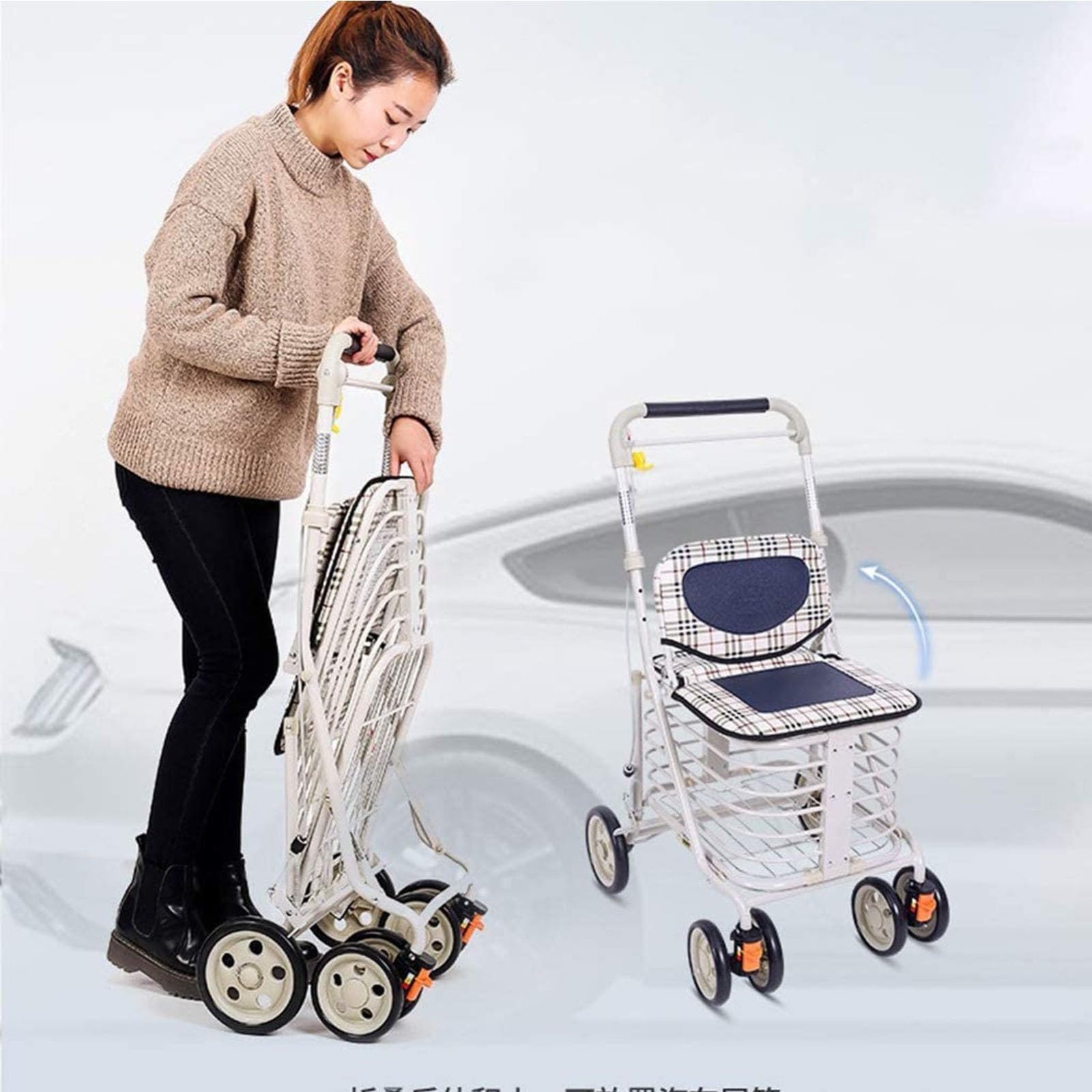 Deambulatore con sedile e cestino, in alluminio, a quattro ruote, facile da piegare, regolabile in altezza, design leggero e sicuro, ideale per esercizi e viaggi