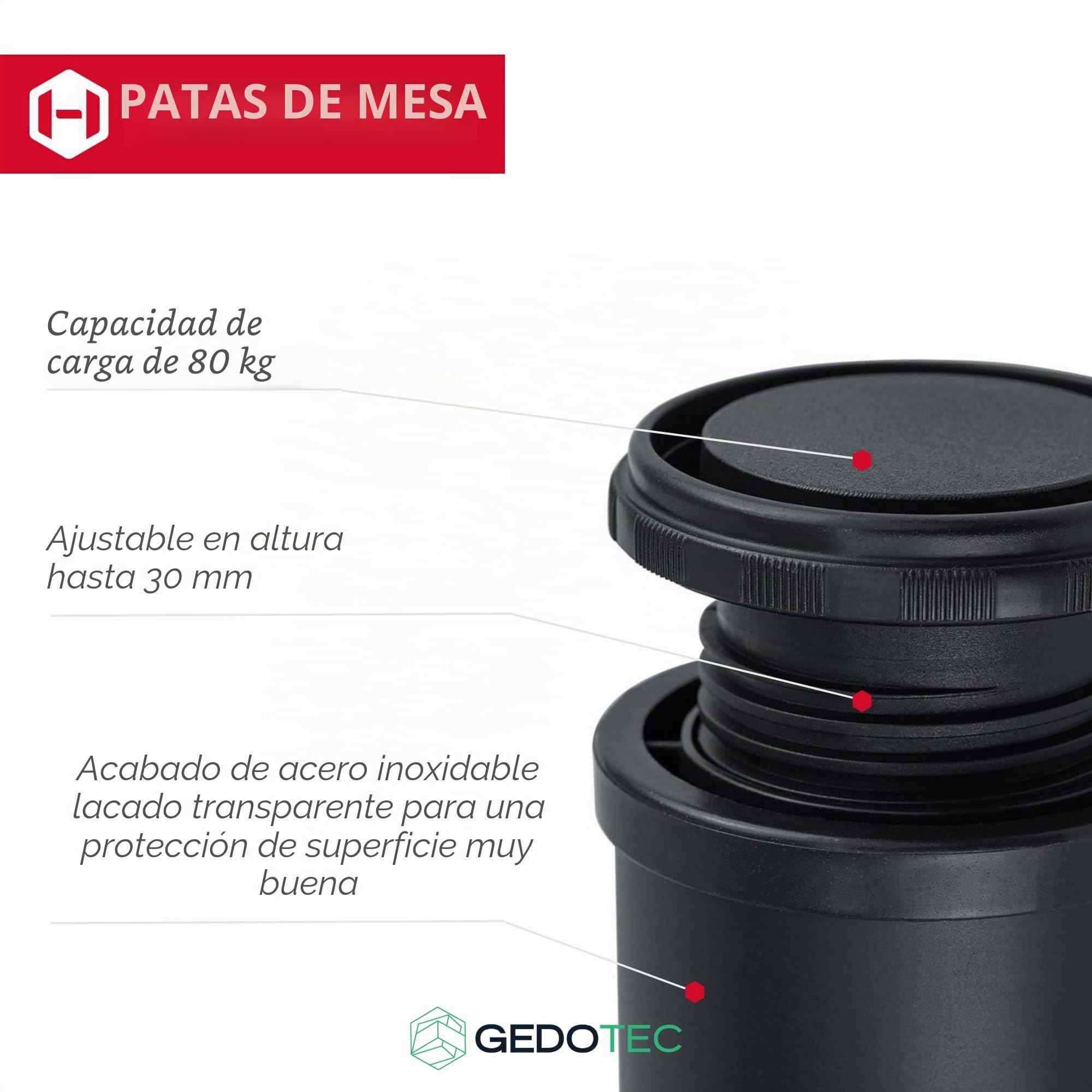 Gedotec Patas para Muebles de Altura Ajustable, Patas de Mesa Negras de Metal, H1712, Altura 710 mm, diámetro de 60 mm, Patas para Muebles para encimeras Pesadas, Juego de 4