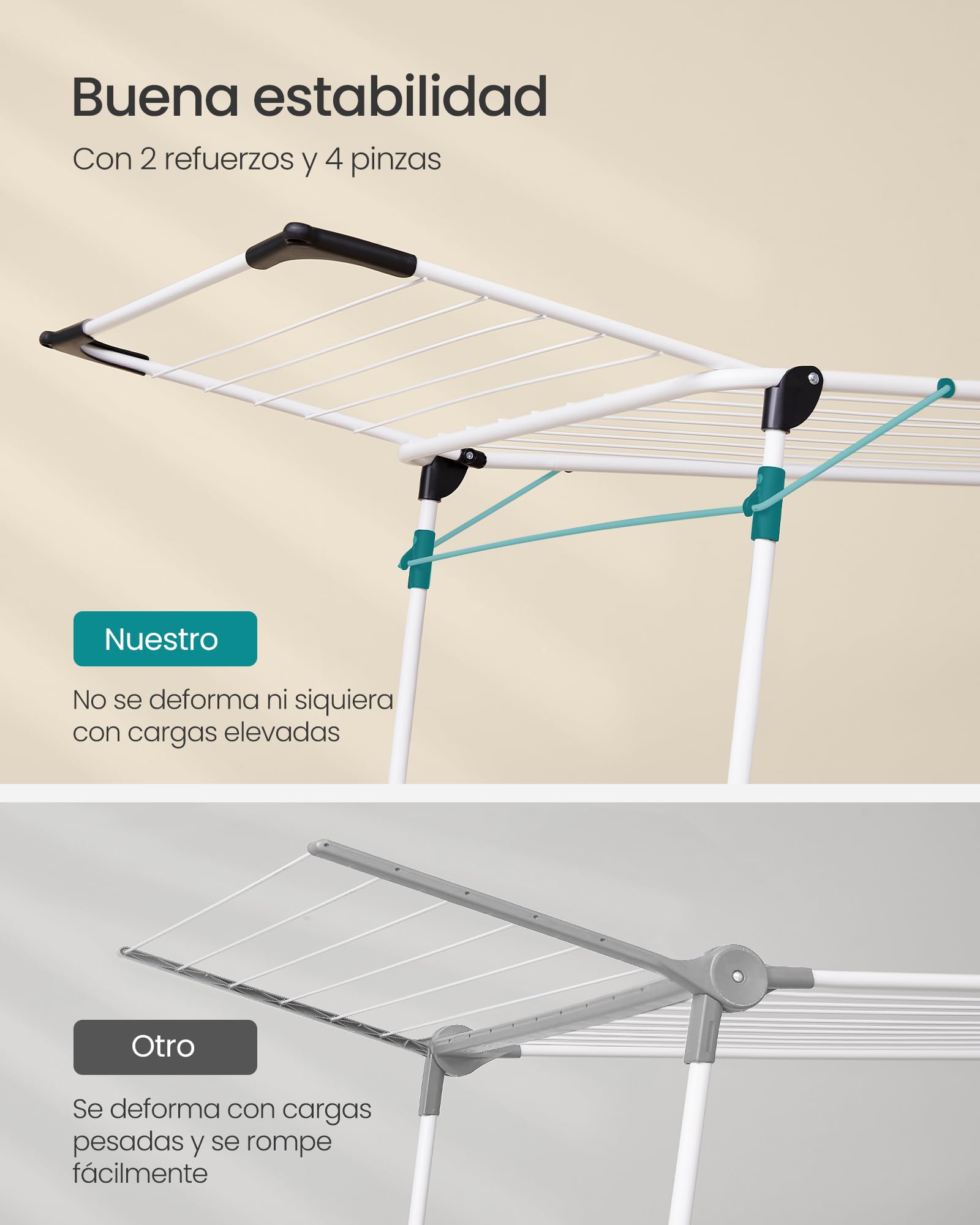 SONGMICS Tendedero de pie, 56,5 x 173 x 96,5 cm, tendedero de alas para Ahorrar Espacio, con Soporte para Calcetines, Metal, para Ropa, Toallas, lavandería, Blanco LLR518W01