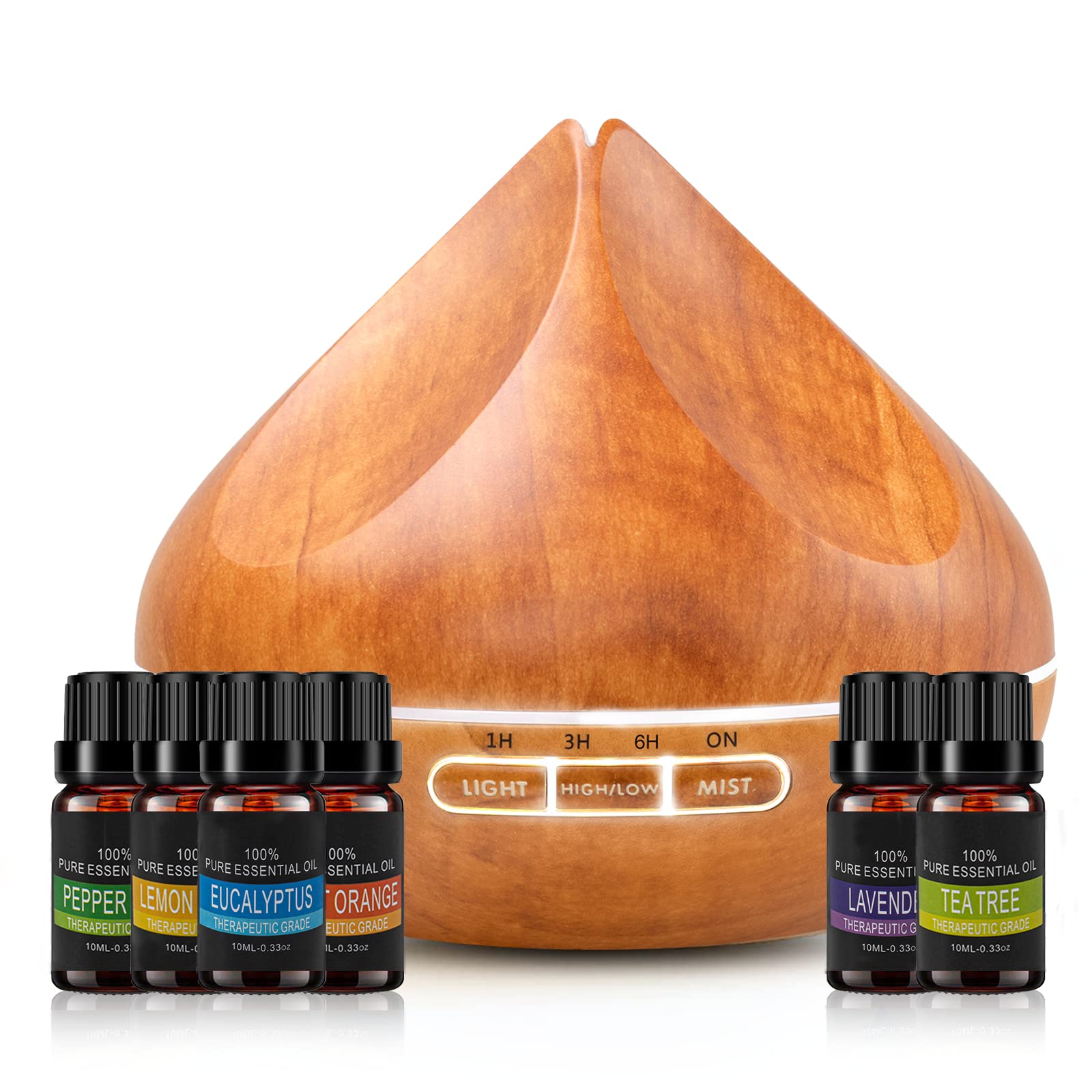 500ml Essential Oil Diffuser, Aromatherapy Diffuser with 6 Essential Oils Gift Set, Aroma Diffuser Humidifier with 14 Colour Lights 4 Timer Setting (Orange Wood Grain)