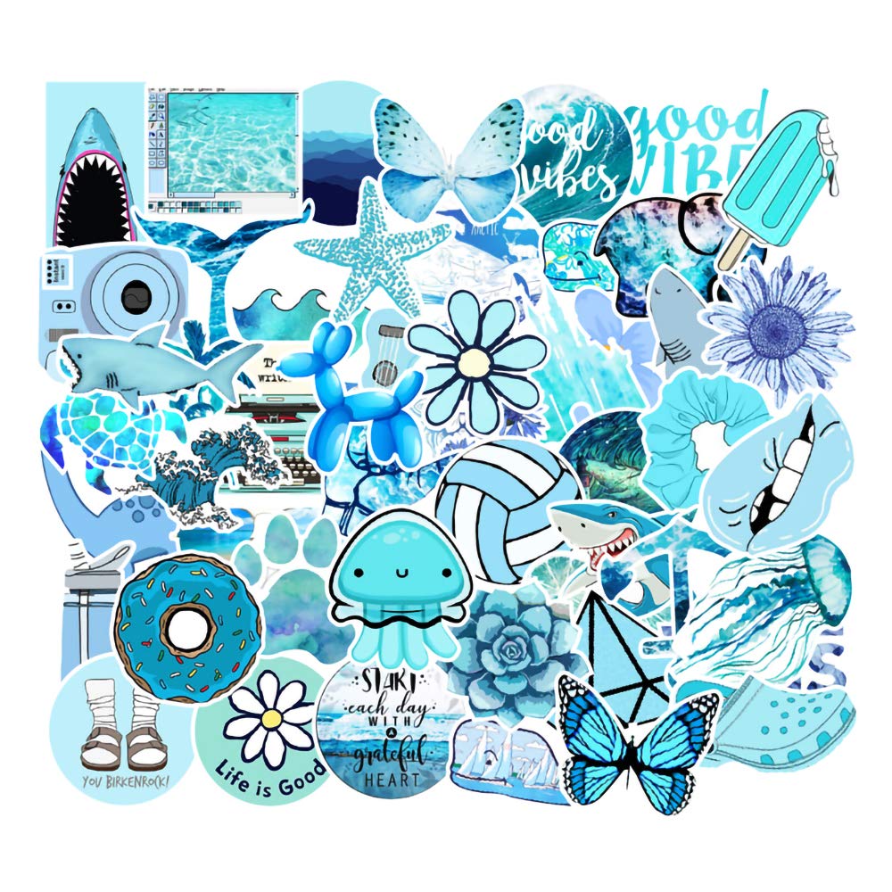 Stickers for Water Bottles, 53 Pcs Hydro Flask Sticker Pack, Trendy VSCO Vinyl Aesthetic Stickers for Laptop Hydroflasks Skateboard, Waterproof Cool Cute Sticker for Teens Girls Adult, Blue